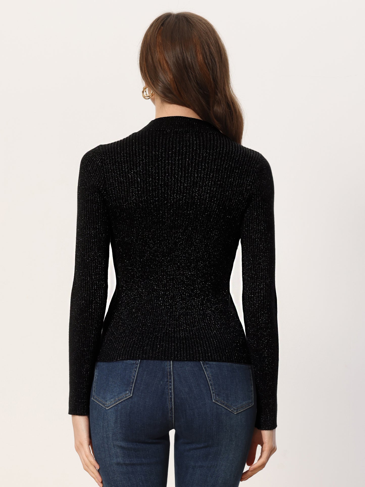 Women's Long Sleeve Glitter Tops Mock Neck Ribbed Knit Top Slim Fit Basic Pullover Sweater Top