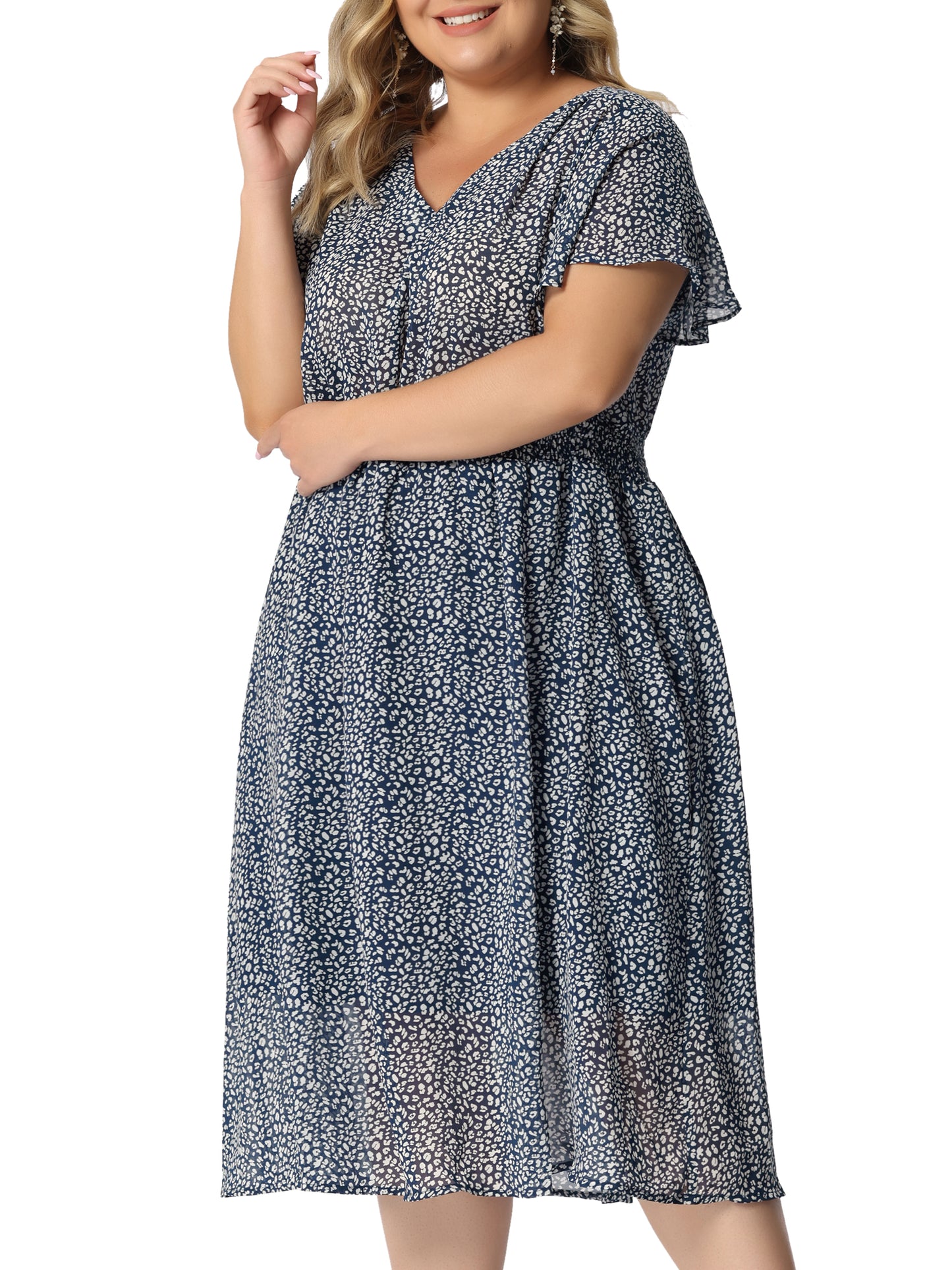 Women's Plus Size Summer Dress Floral Print V Neck Smocked A-Line Flowy Midi Dress