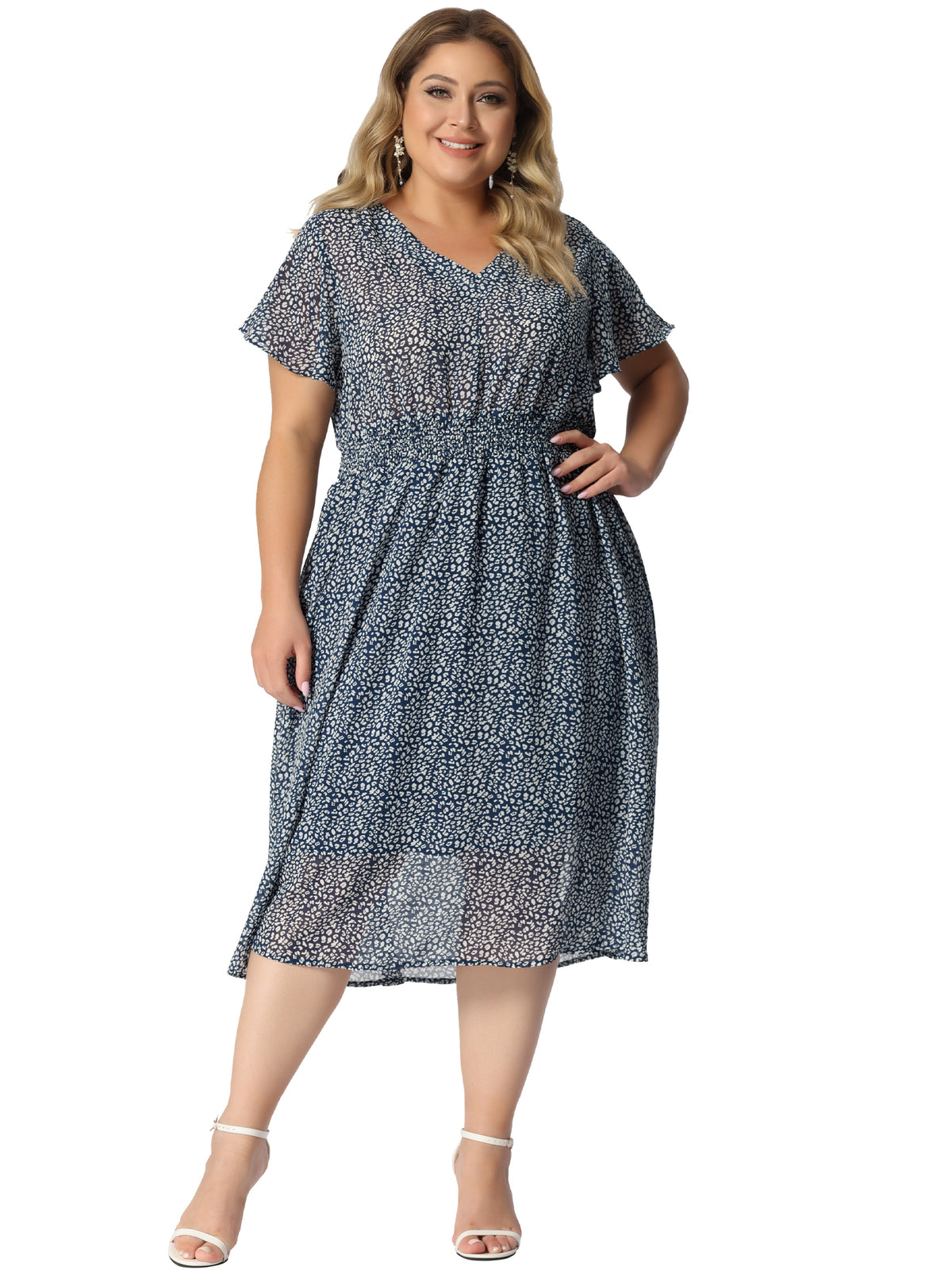 Women's Plus Size Summer Floral Print V Neck Smocked A-Line Flowy Midi Dress