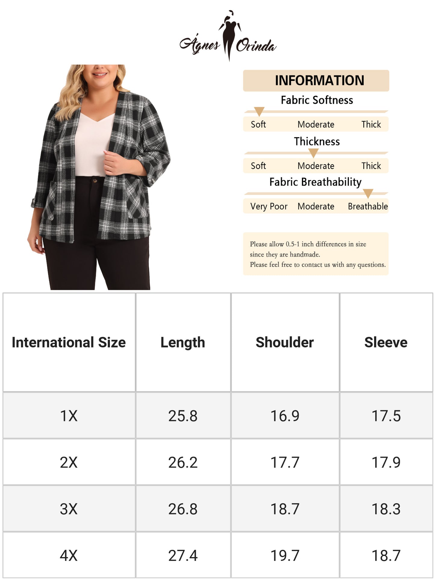 Women Plus Size Blazer 3/4 Sleeves Casual Open Front Plaid Cardigan Blazers with Pockets