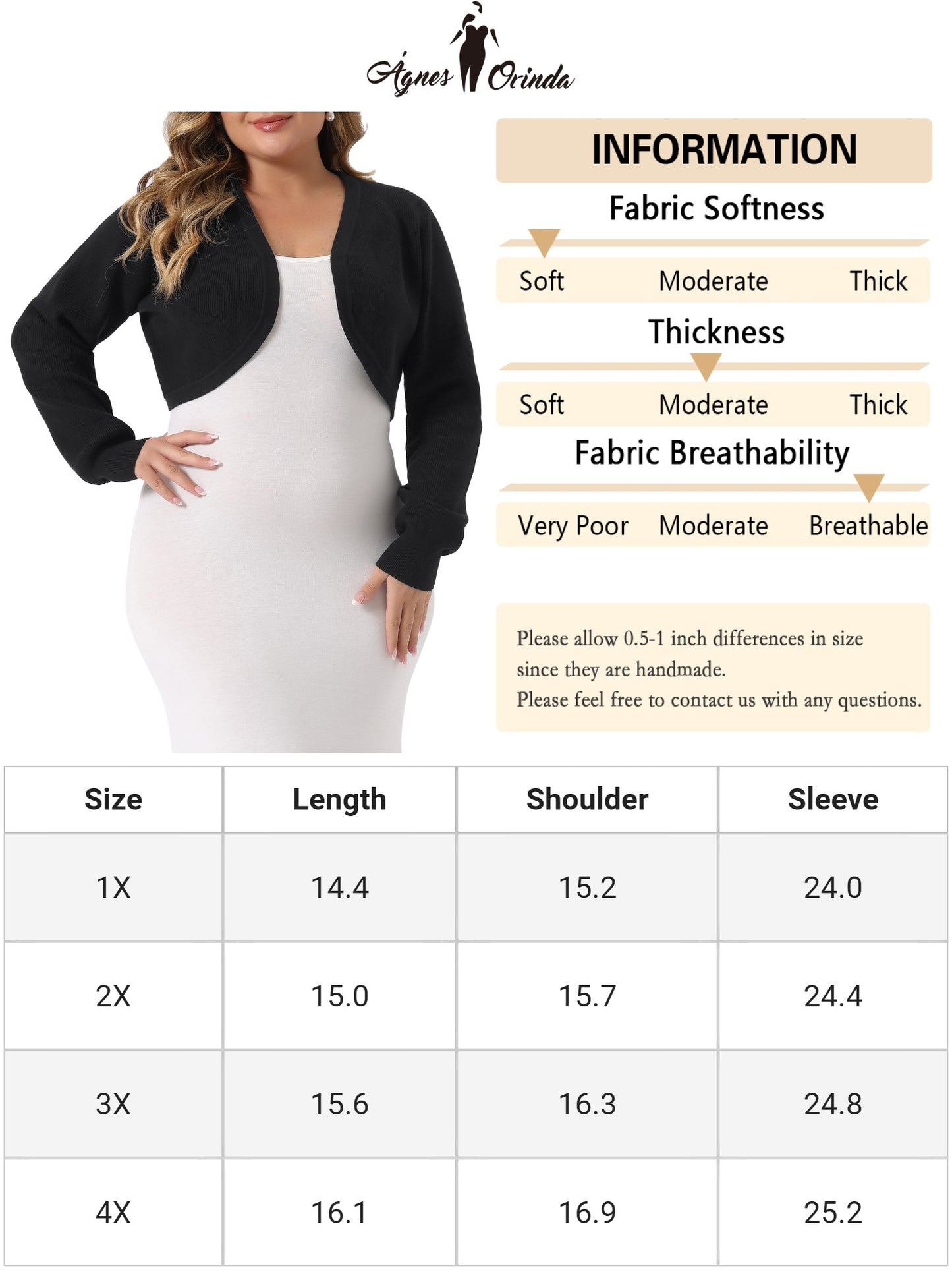 Women Plus Size Cardigans Sweater Long Sleeve Soft Open Front Cropped Bolero Shrug Cardigan