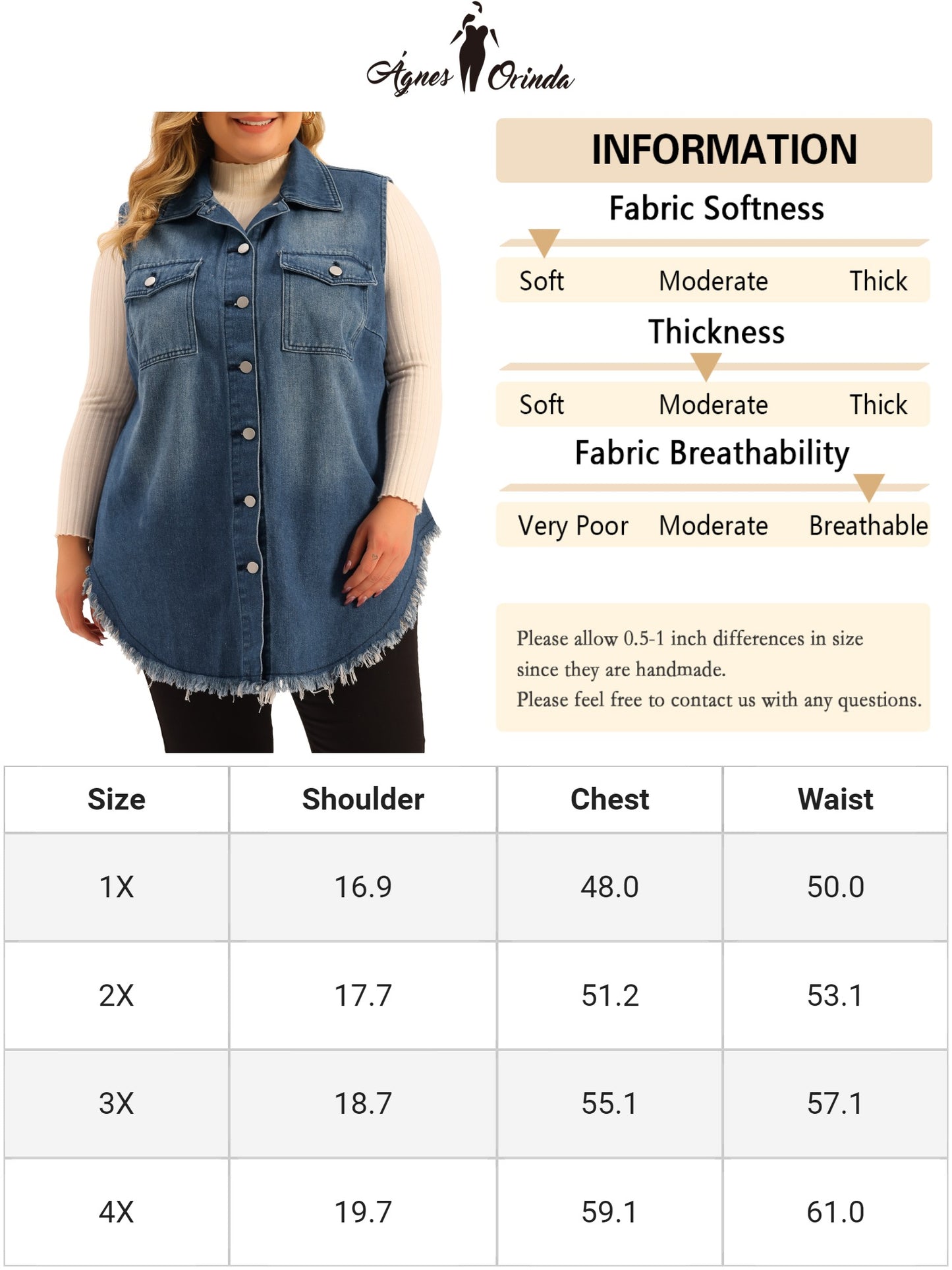 Women's Plus Size Button Up Frayed Hem Shacket Sleeveless Denim Jean Jacket Vest