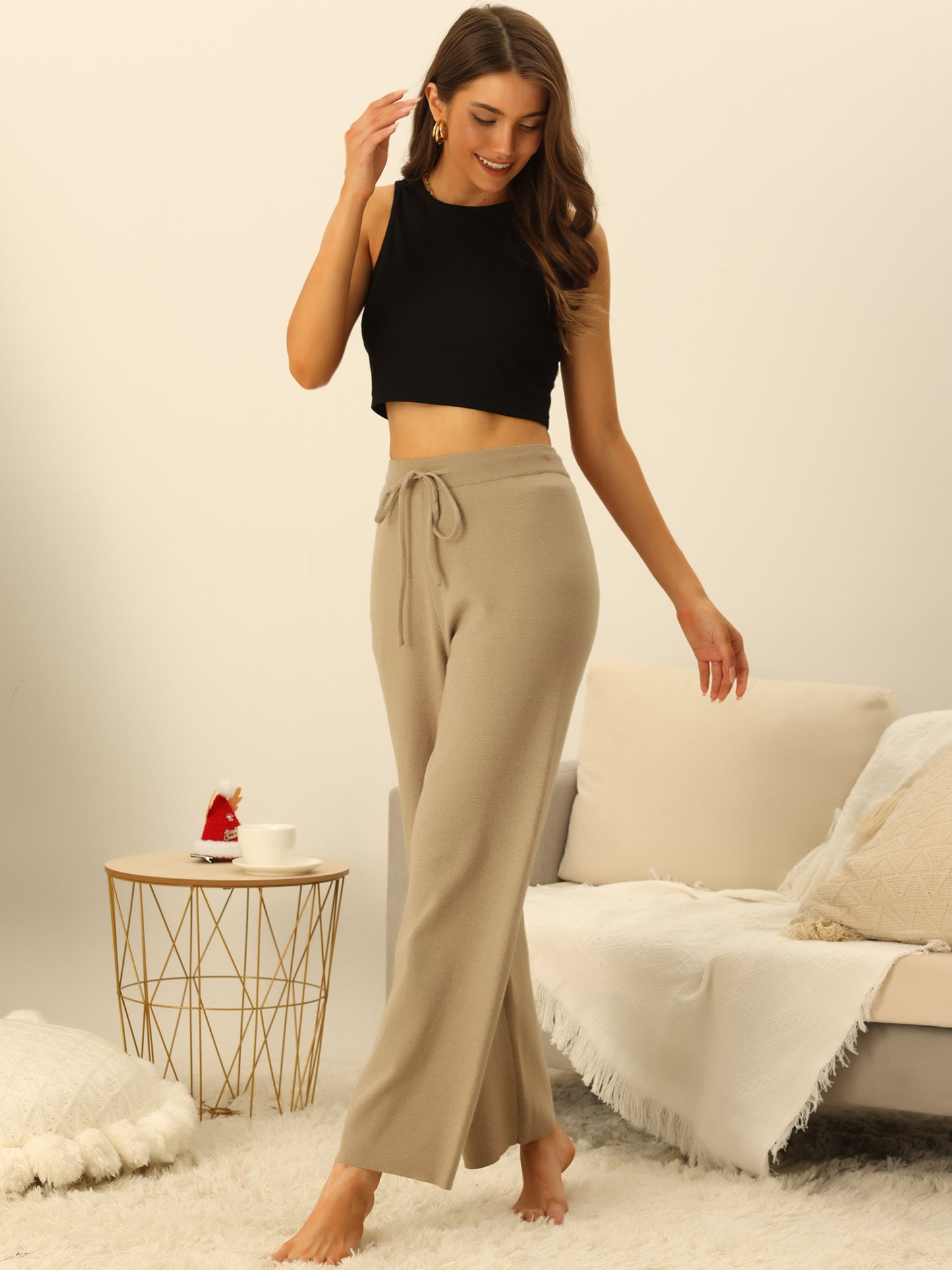 Women's Ribbed Knit Sweater Pants Elastic High Wasited Straight Leg Sweatpants