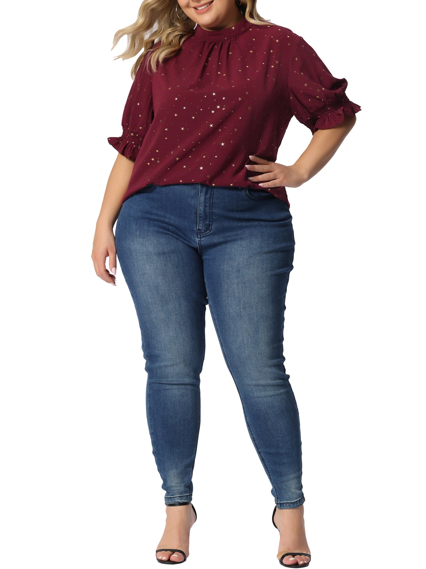 Women Plus Size Blouse Work Office Pleated Mock Neck Star Print Puff Sleeve Top
