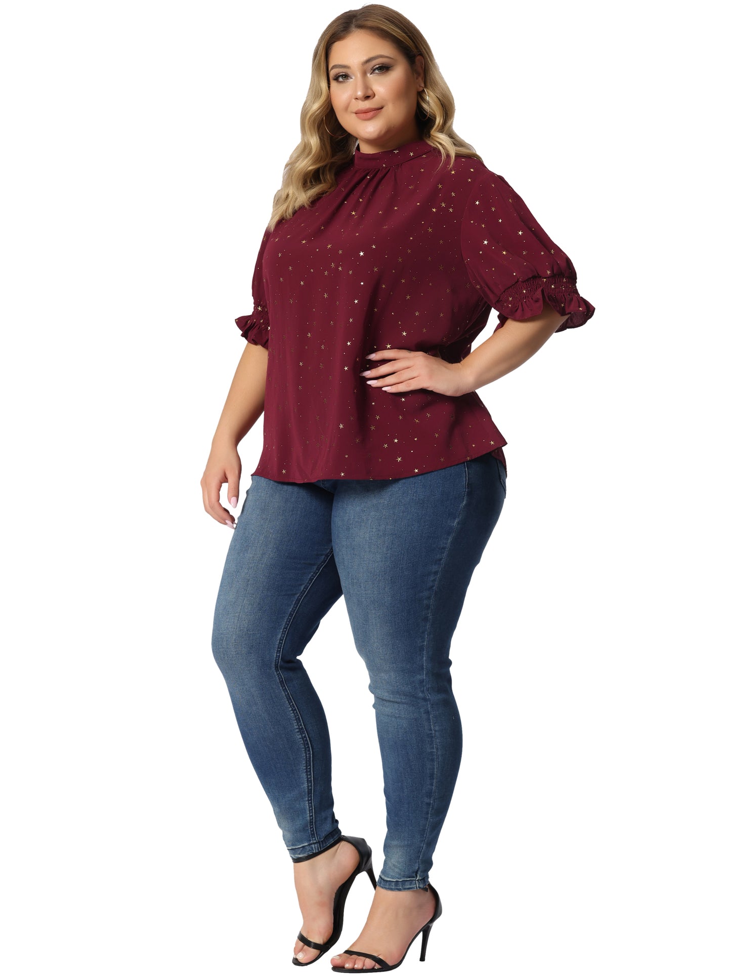 Women Plus Size Blouse Work Office Pleated Mock Neck Star Print Puff Sleeve Top