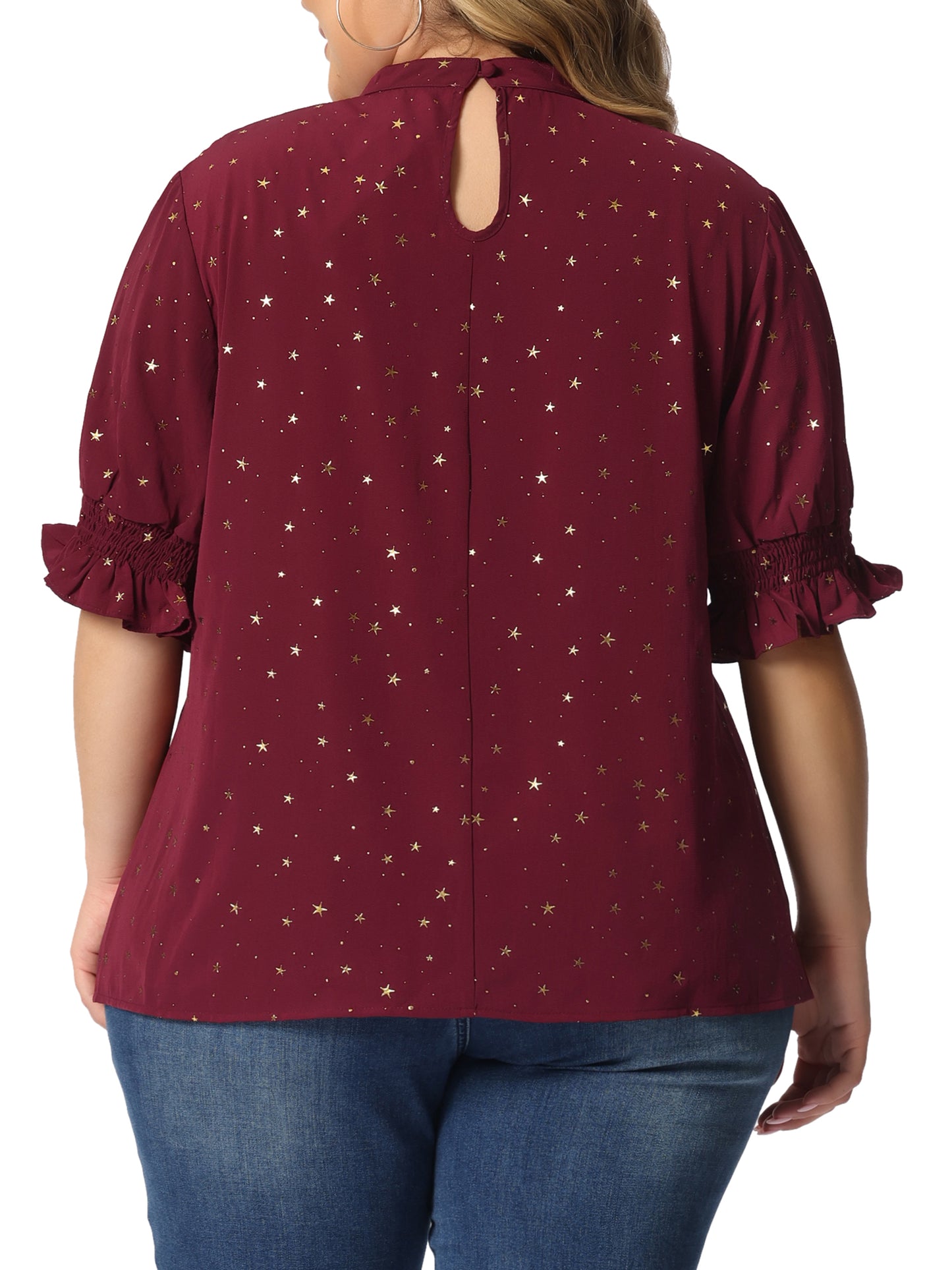 Women Plus Size Blouse Work Office Pleated Mock Neck Star Print Puff Sleeve Top