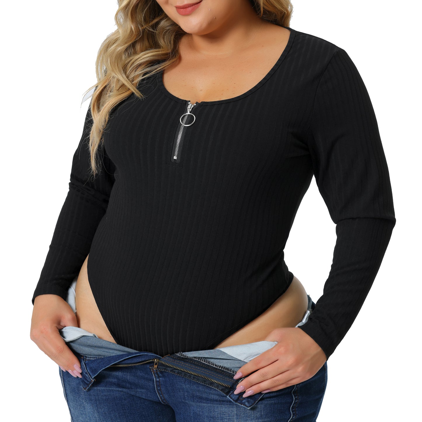 Body de talla grande para mujer, de punto acanalado, con cremallera, escote en V profundo, manga larga
