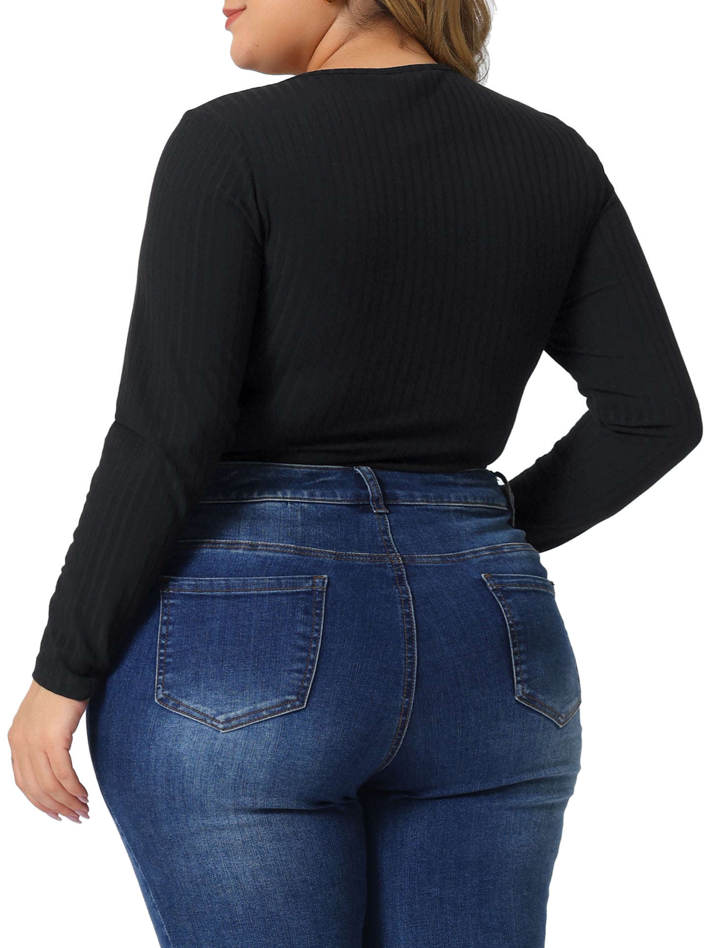 Body de talla grande para mujer, de punto acanalado, con cremallera, escote en V profundo, manga larga