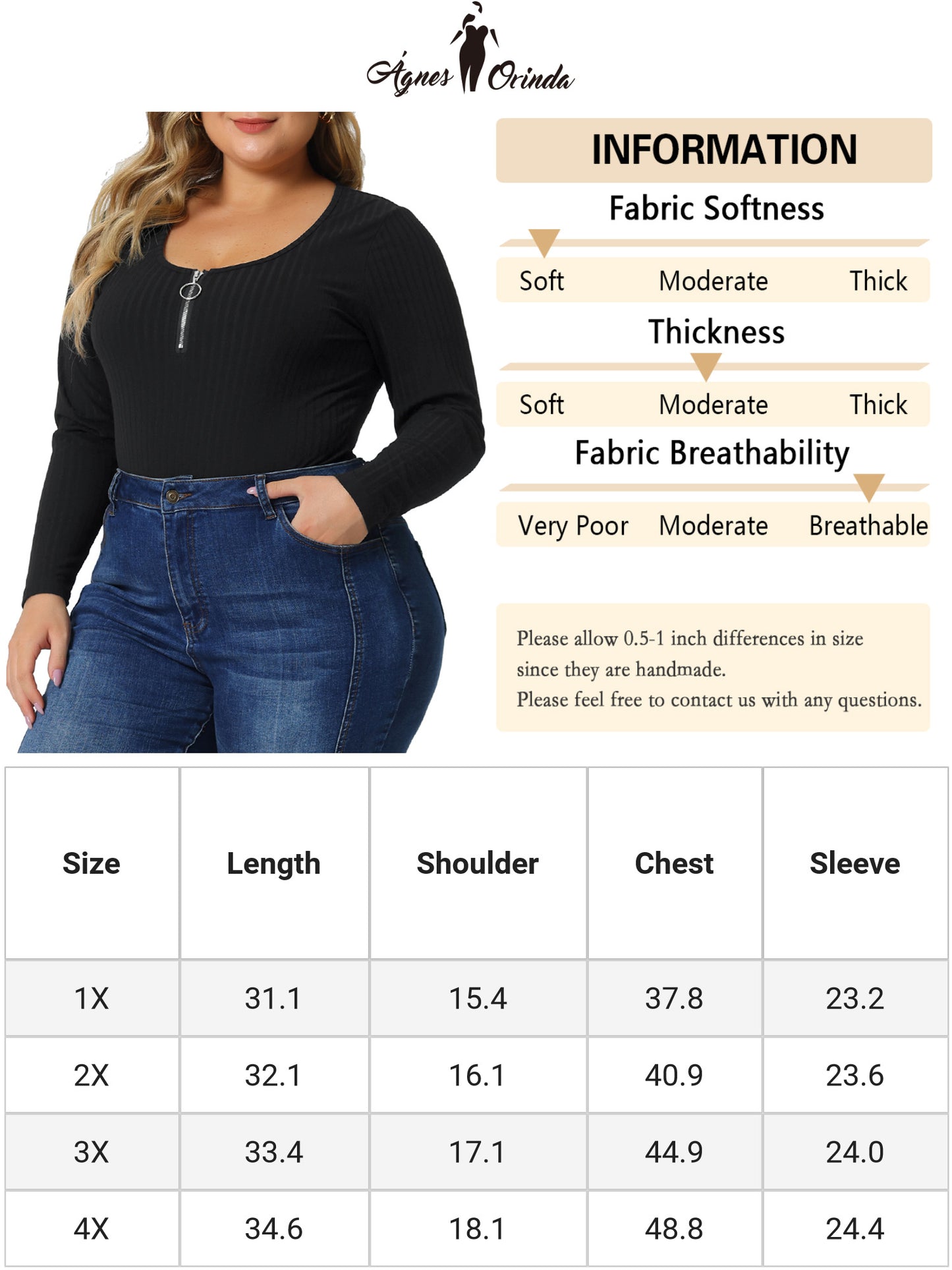 Body de talla grande para mujer, de punto acanalado, con cremallera, escote en V profundo, manga larga