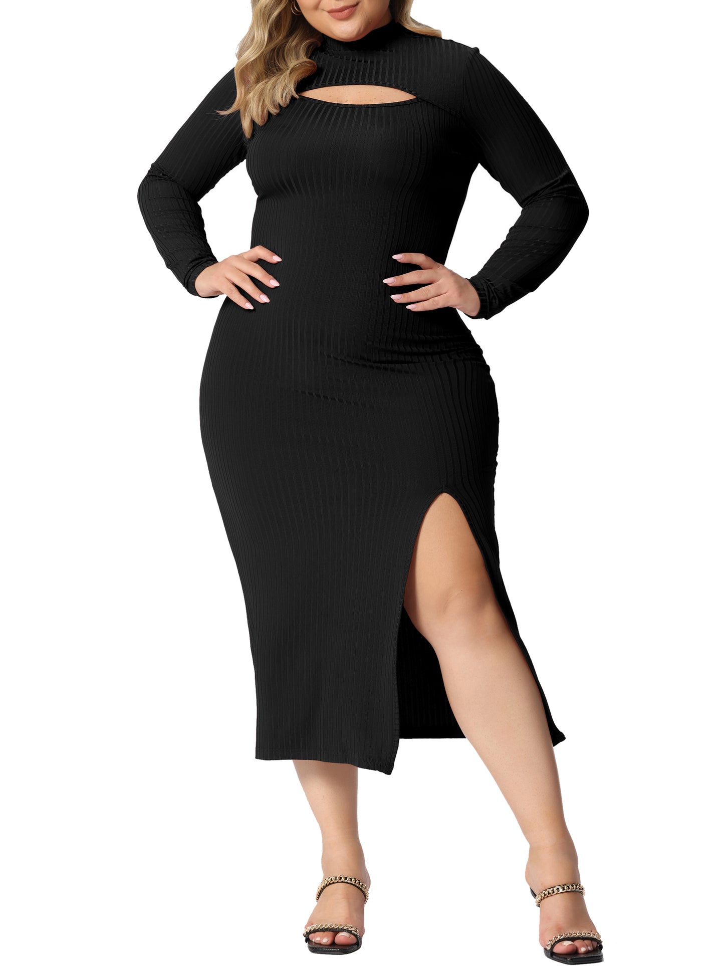 Women Plus Size Dresses Round Neck Cut Out Front Knee Slim Split Hem Bodycon Dress