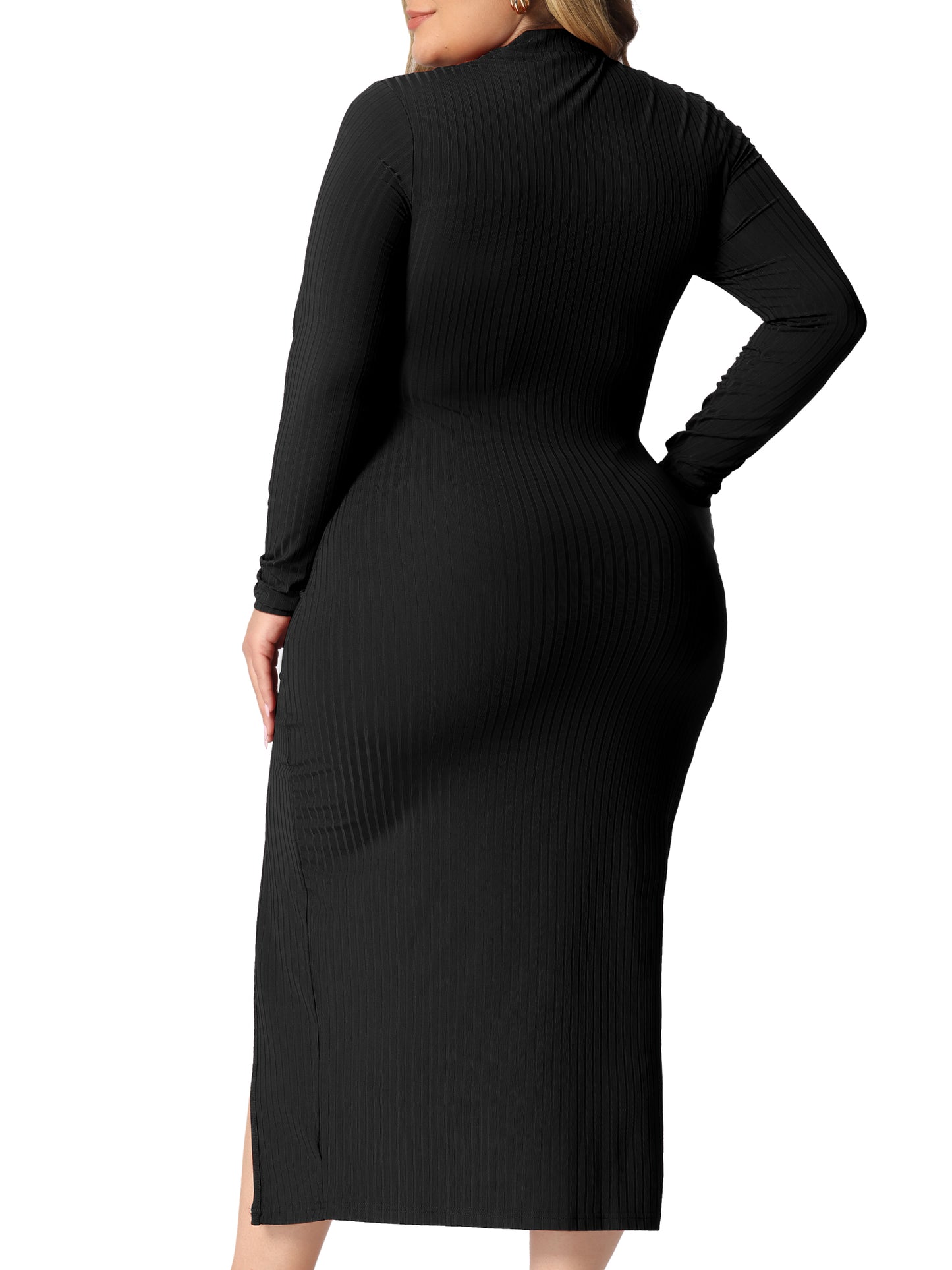 Women Plus Size Dresses Round Neck Cut Out Front Knee Slim Split Hem Bodycon Dress