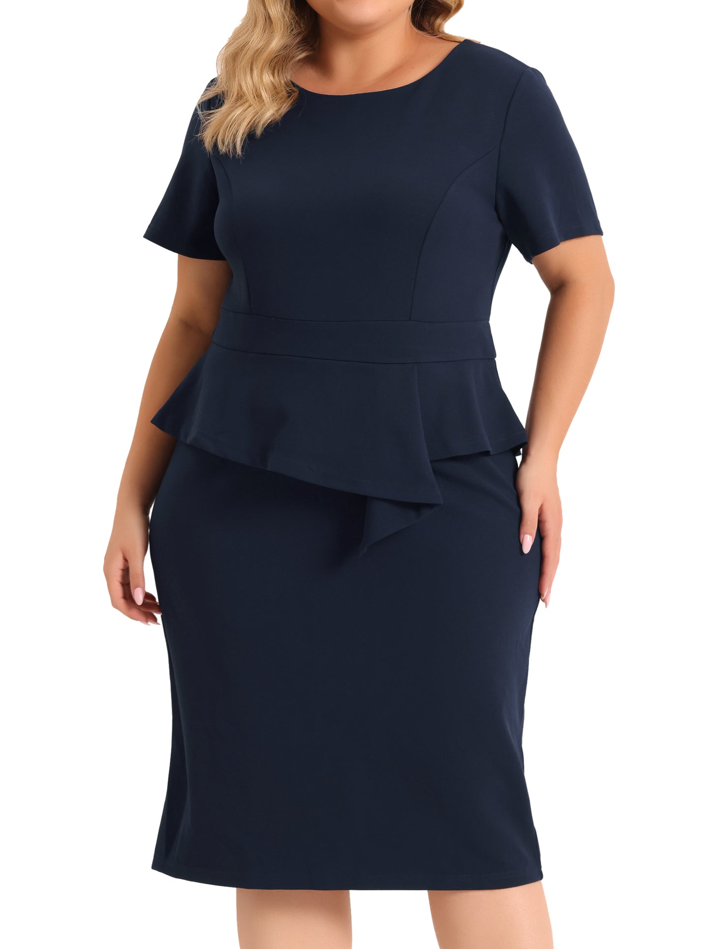 Women Plus Size Business Dresses Short Sleeves Crew Neck Work Office Peplum Pencil Dress