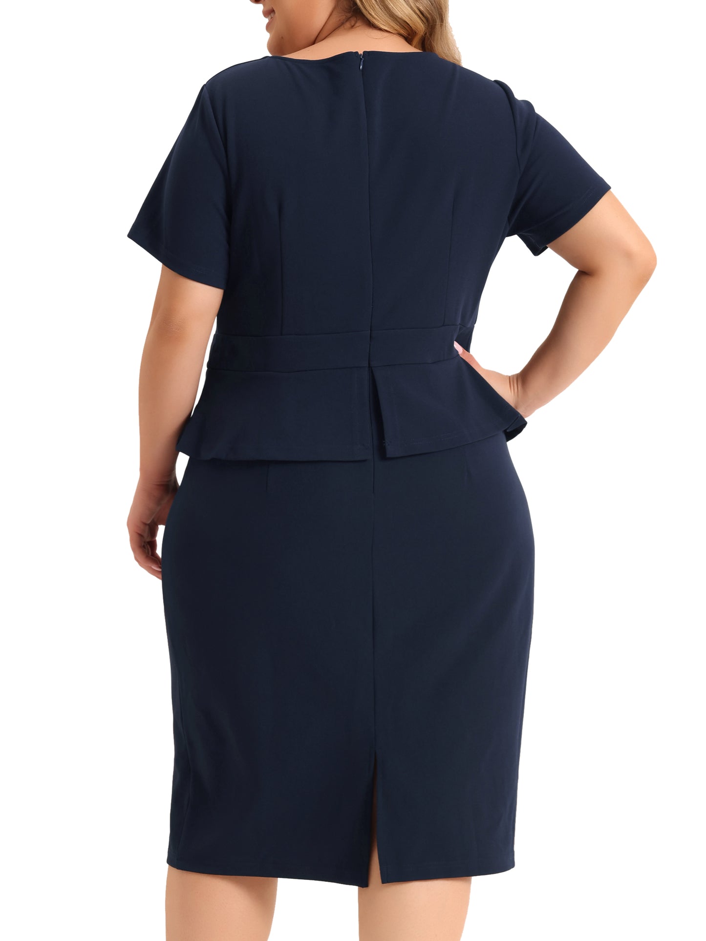 Women Plus Size Business Dresses Short Sleeves Crew Neck Work Office Peplum Pencil Dress