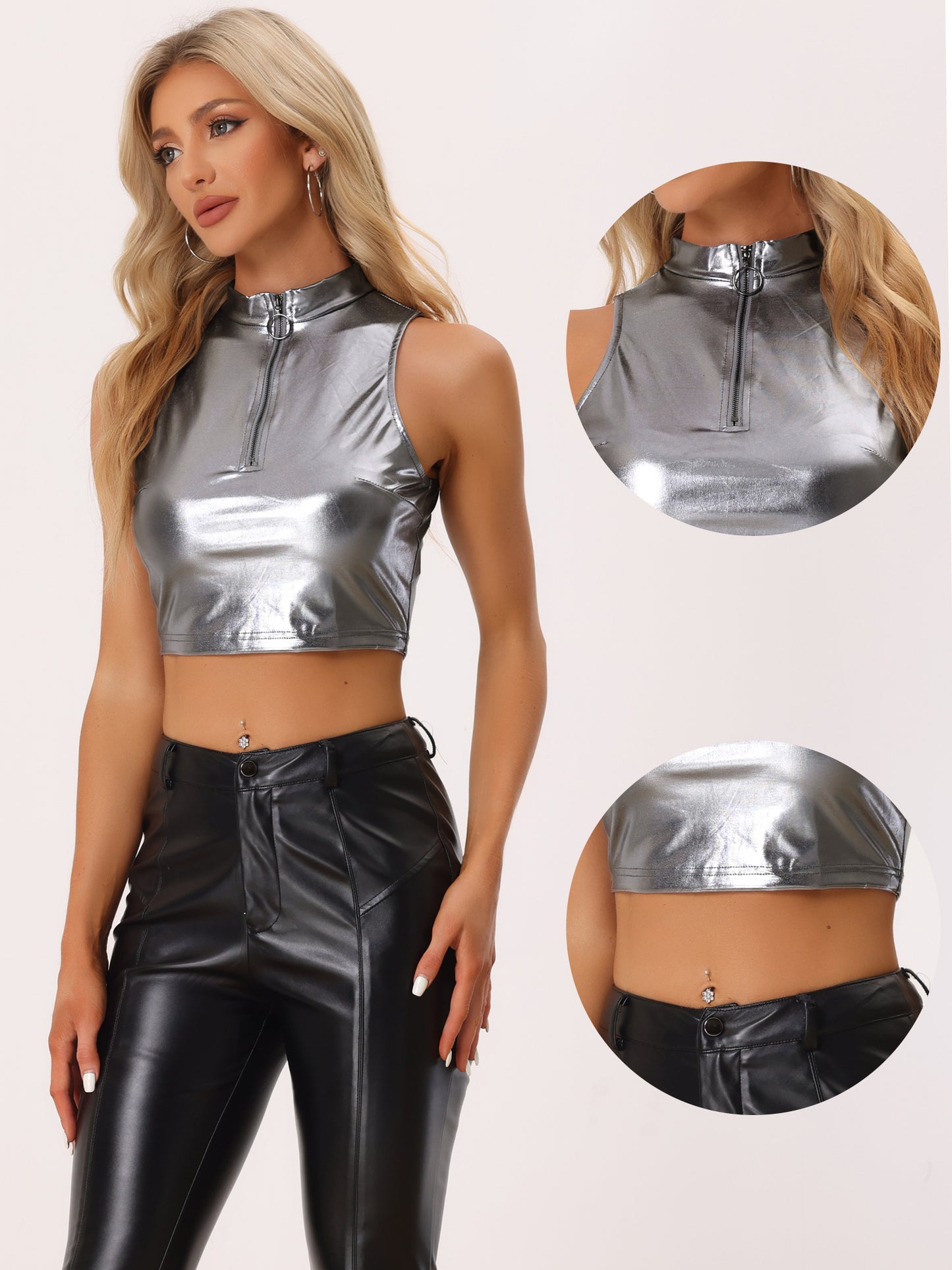 Women's Metallic Crop Top Mock Neck Zip Up Sleeveless Shiny Holographic Tank Top