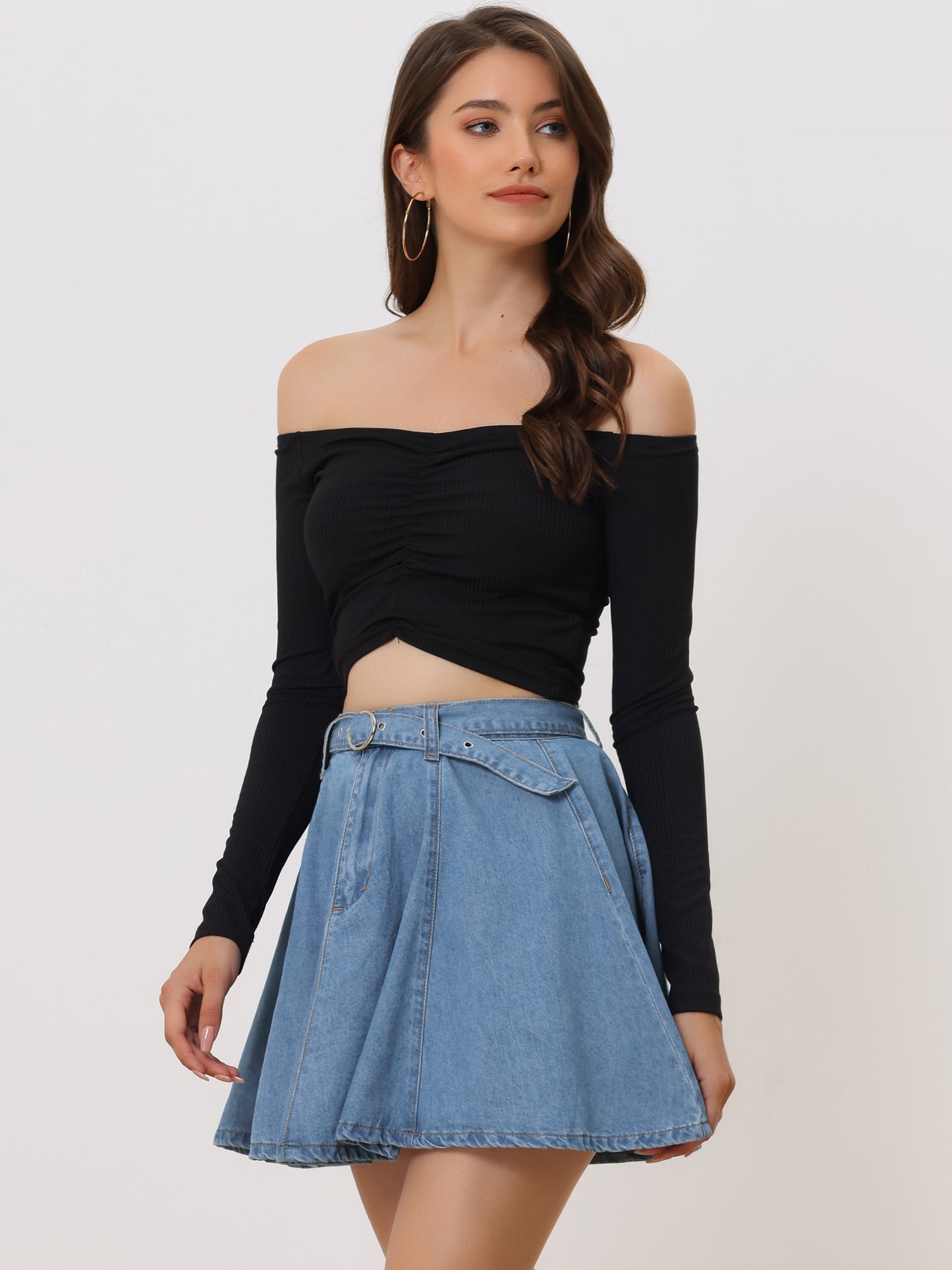 Falda vaquera informal para mujer, cintura alta, corte A, acampanada, minifalda vaquera con cinturón