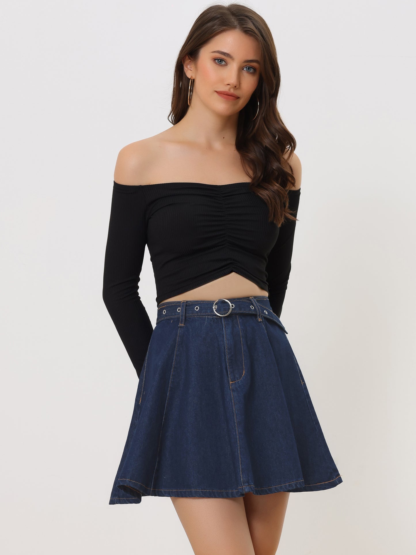 Falda vaquera informal para mujer, cintura alta, corte A, acampanada, minifalda vaquera con cinturón