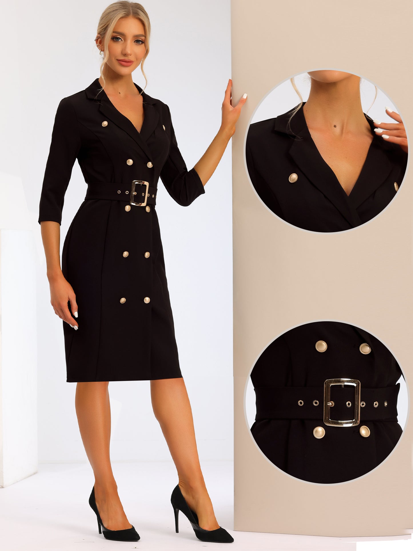 Women's Business Belted Work Blazer Suit Dress Double Breasted Dress