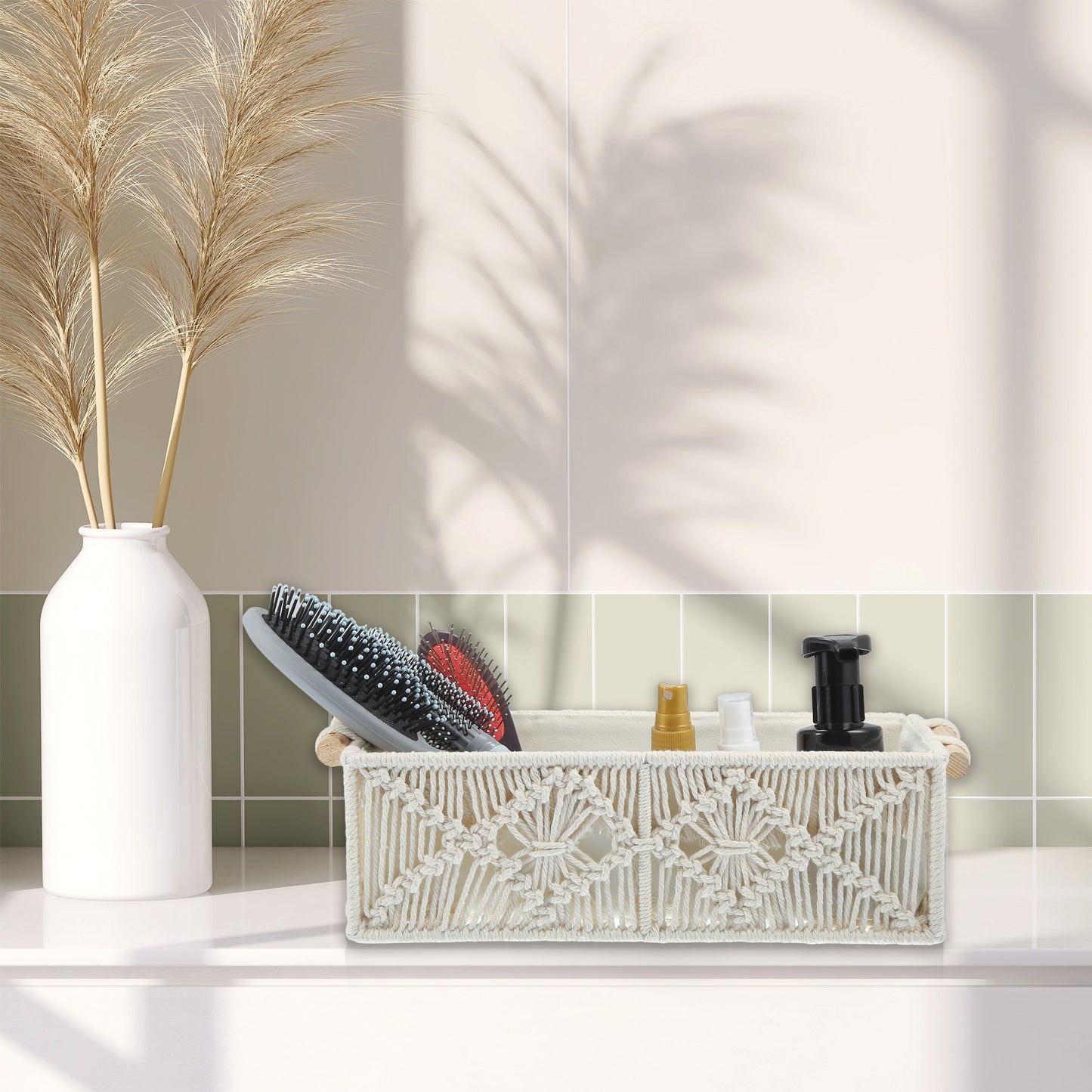 Juego de 2 cestas de almacenamiento de macramé tejido, organizador de armario para dormitorio, color blanco