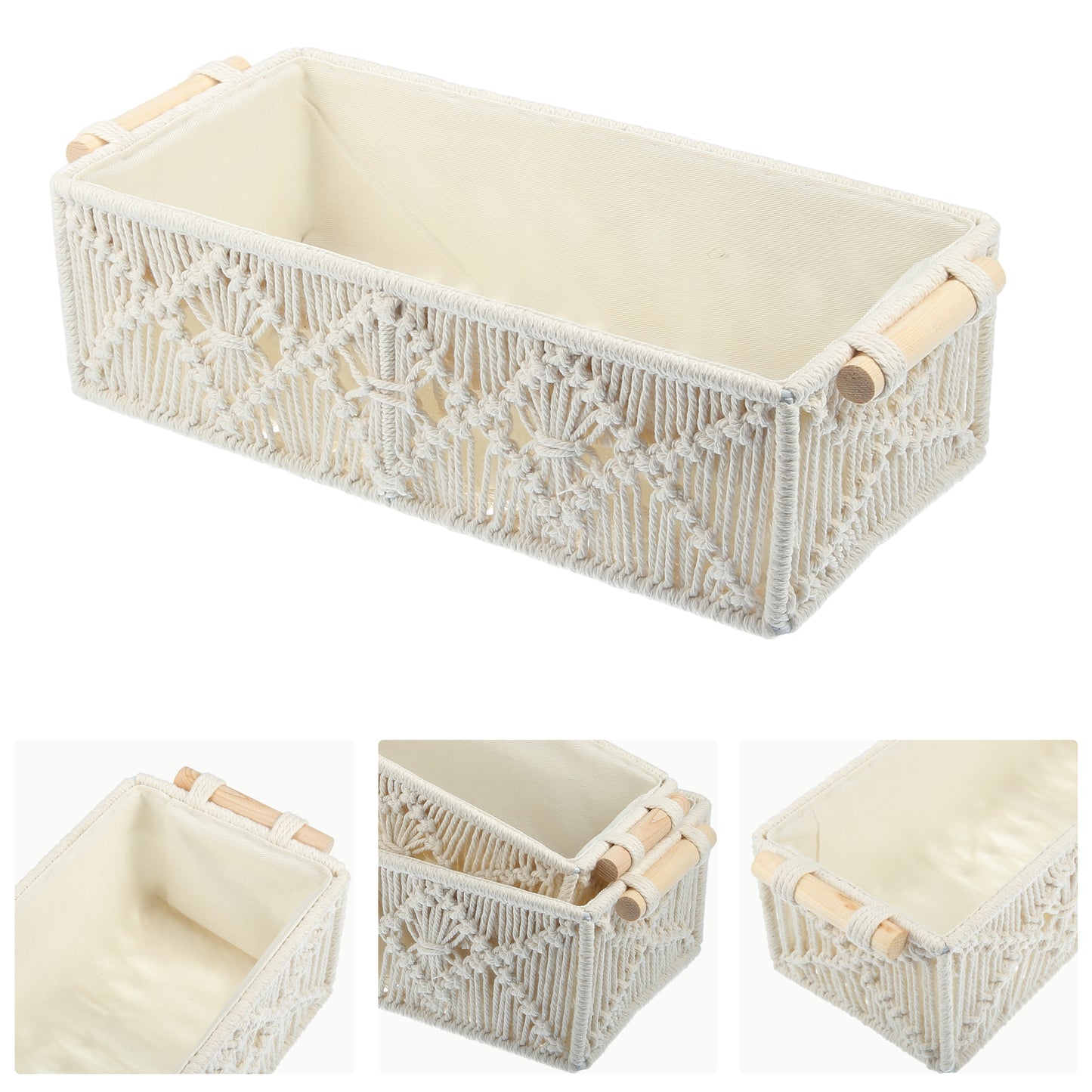 Juego de 2 cestas de almacenamiento de macramé tejido, organizador de armario para dormitorio, color blanco