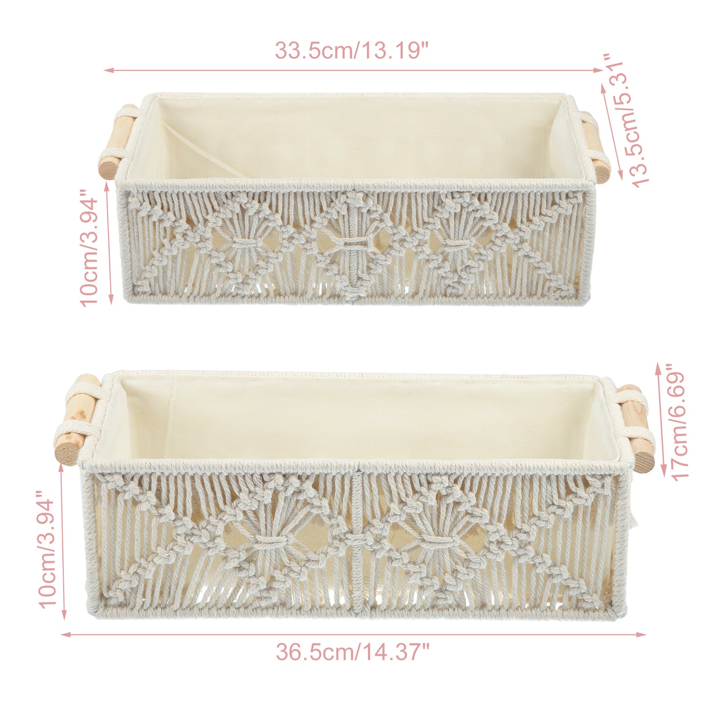 Juego de 2 cestas de almacenamiento de macramé tejido, organizador de armario para dormitorio, color blanco