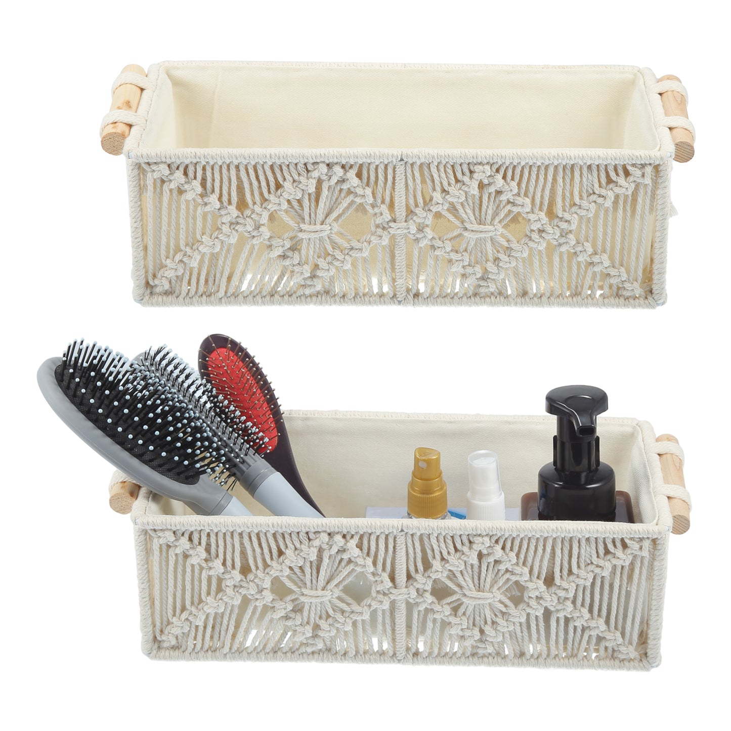 Juego de 2 cestas de almacenamiento de macramé tejido, organizador de armario para dormitorio, color blanco