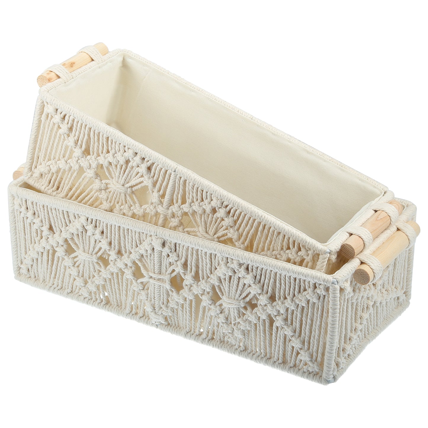 Juego de 2 cestas de almacenamiento de macramé tejido, organizador de armario para dormitorio, color blanco
