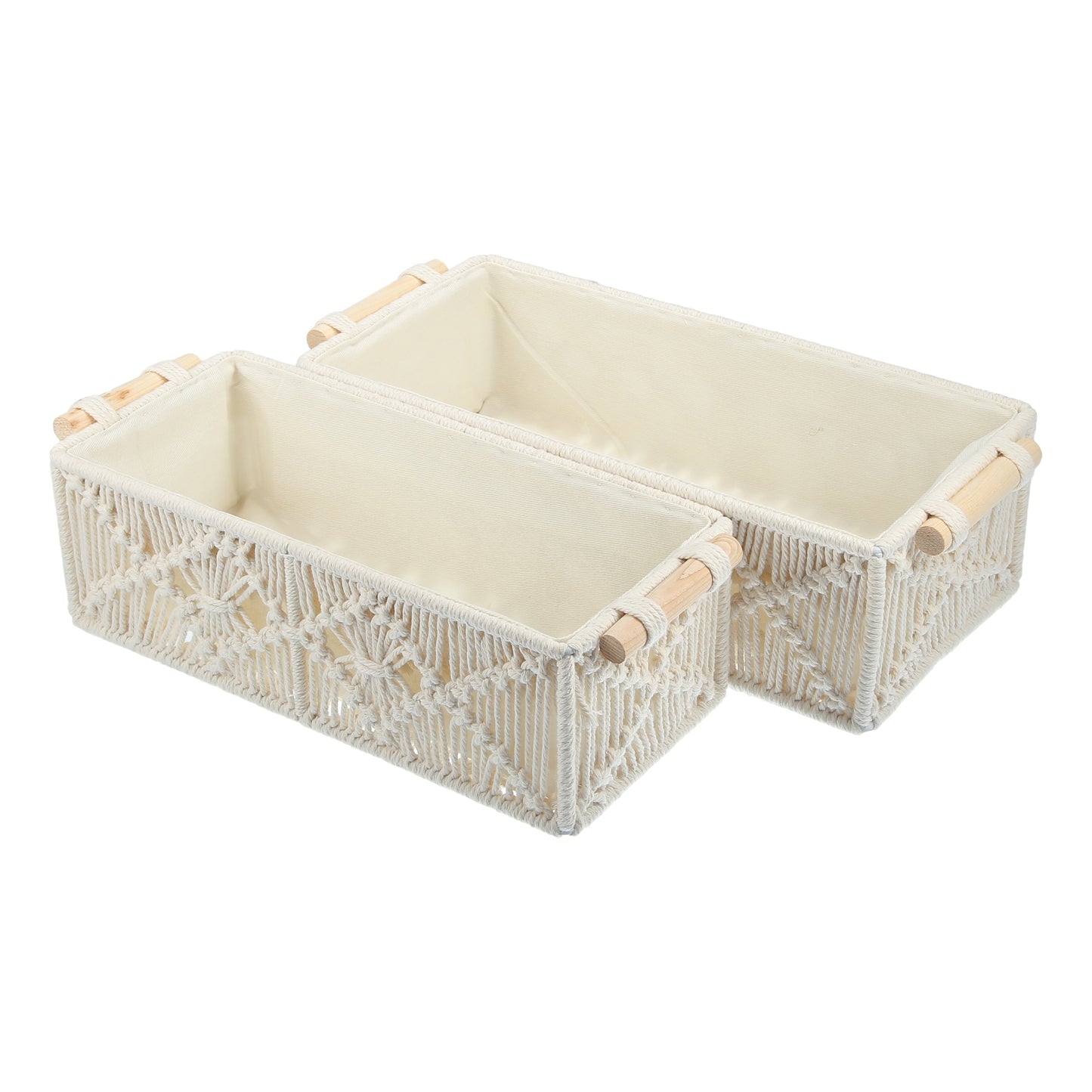Juego de 2 cestas de almacenamiento de macramé tejido, organizador de armario para dormitorio, color blanco