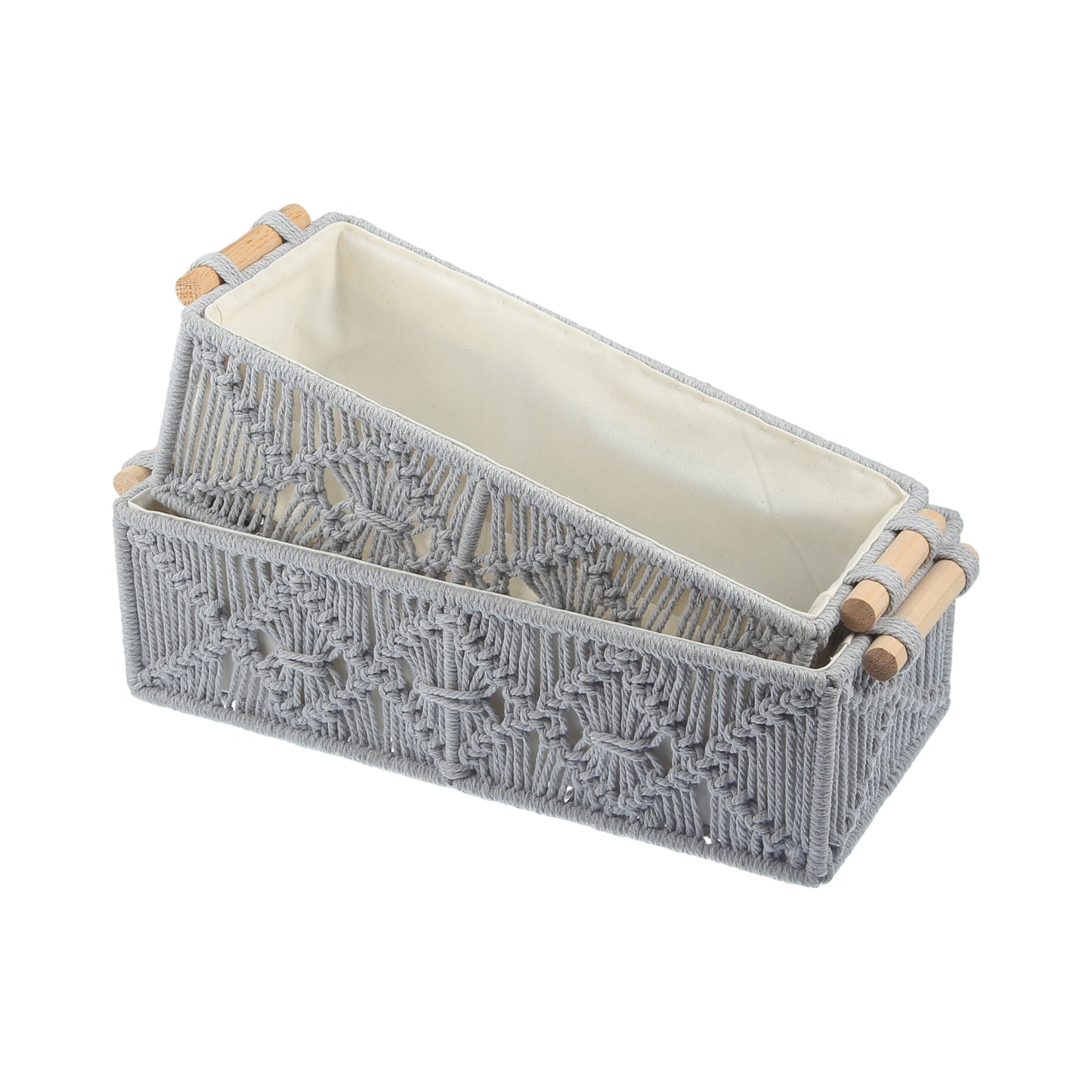 2 Pcs Set Woven Macrame Storage Baskets, Cabinet Bedroom Organizer Gray