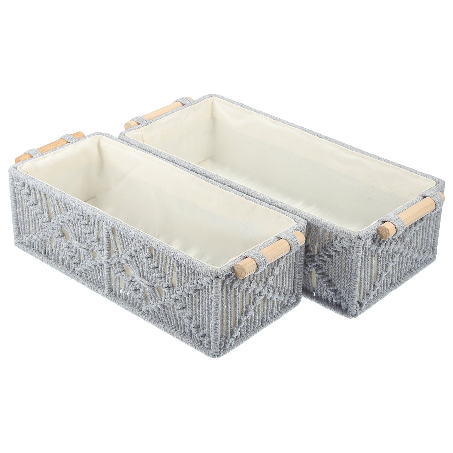 2 Pcs Set Woven Macrame Storage Baskets, Cabinet Bedroom Organizer Gray