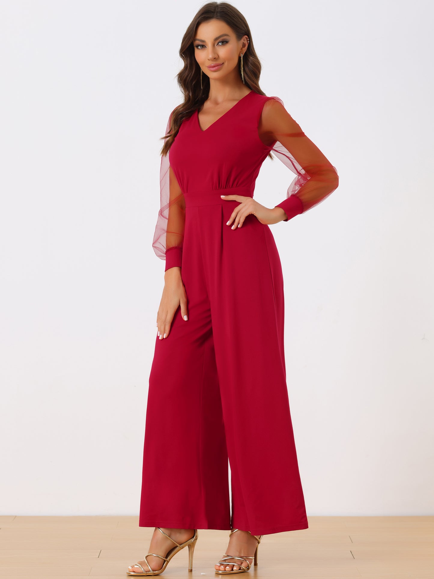 Women's Elegant V Neck Mesh Long Sleeve Loose Wide Leg Romper Cocktail Jumpsuits