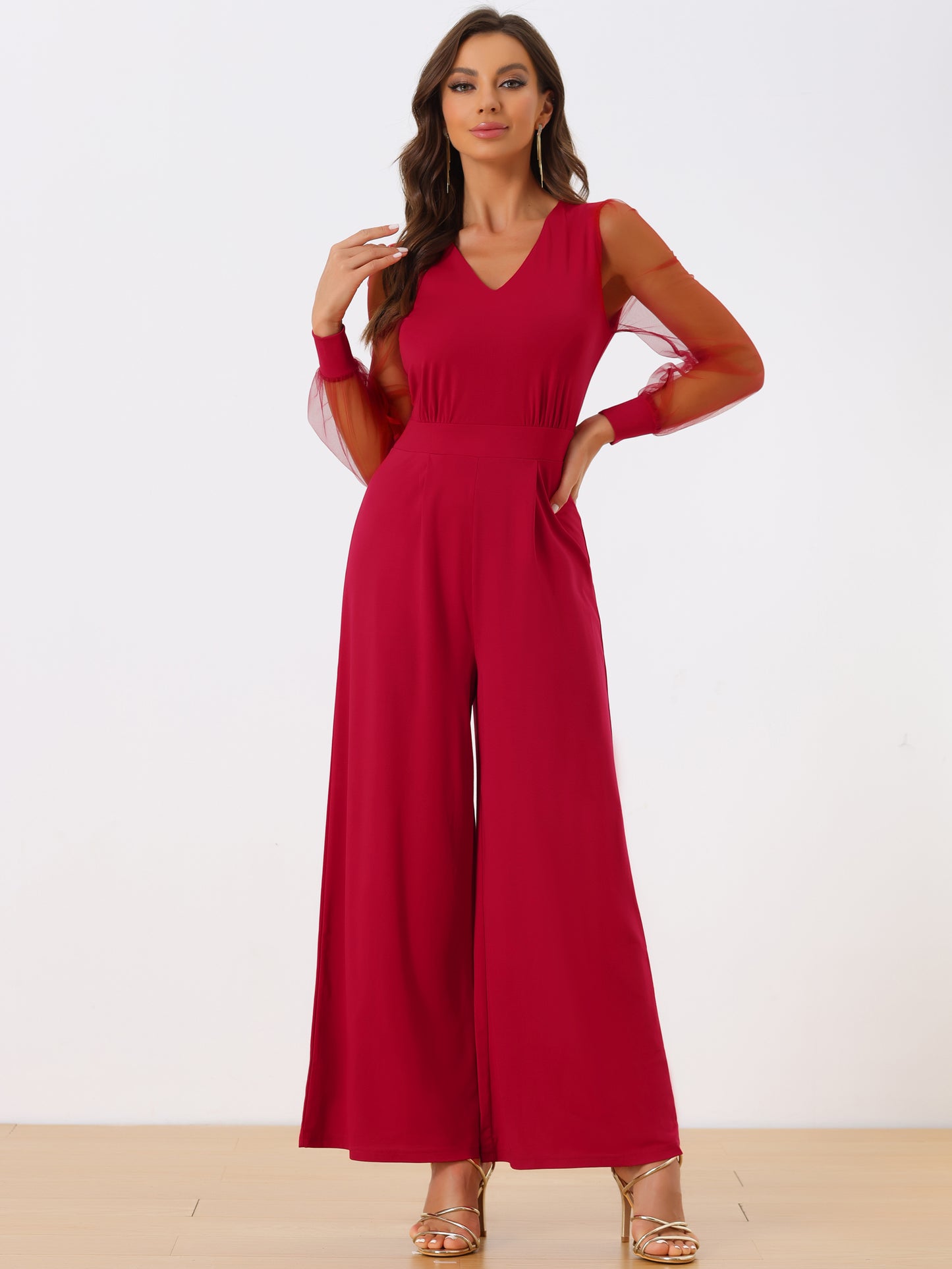 Women's Elegant V Neck Mesh Long Sleeve Loose Wide Leg Romper Cocktail Jumpsuits