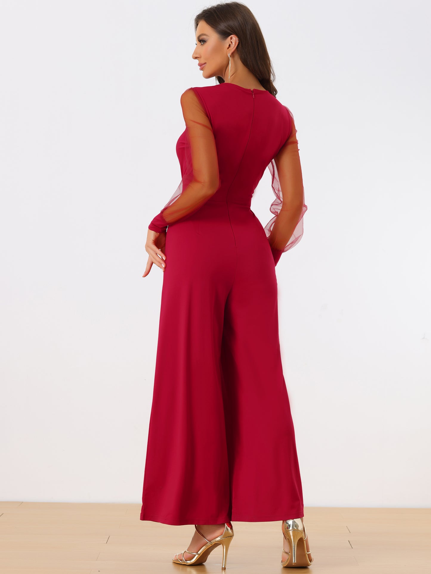 Women's Elegant V Neck Mesh Long Sleeve Loose Wide Leg Romper Cocktail Jumpsuits