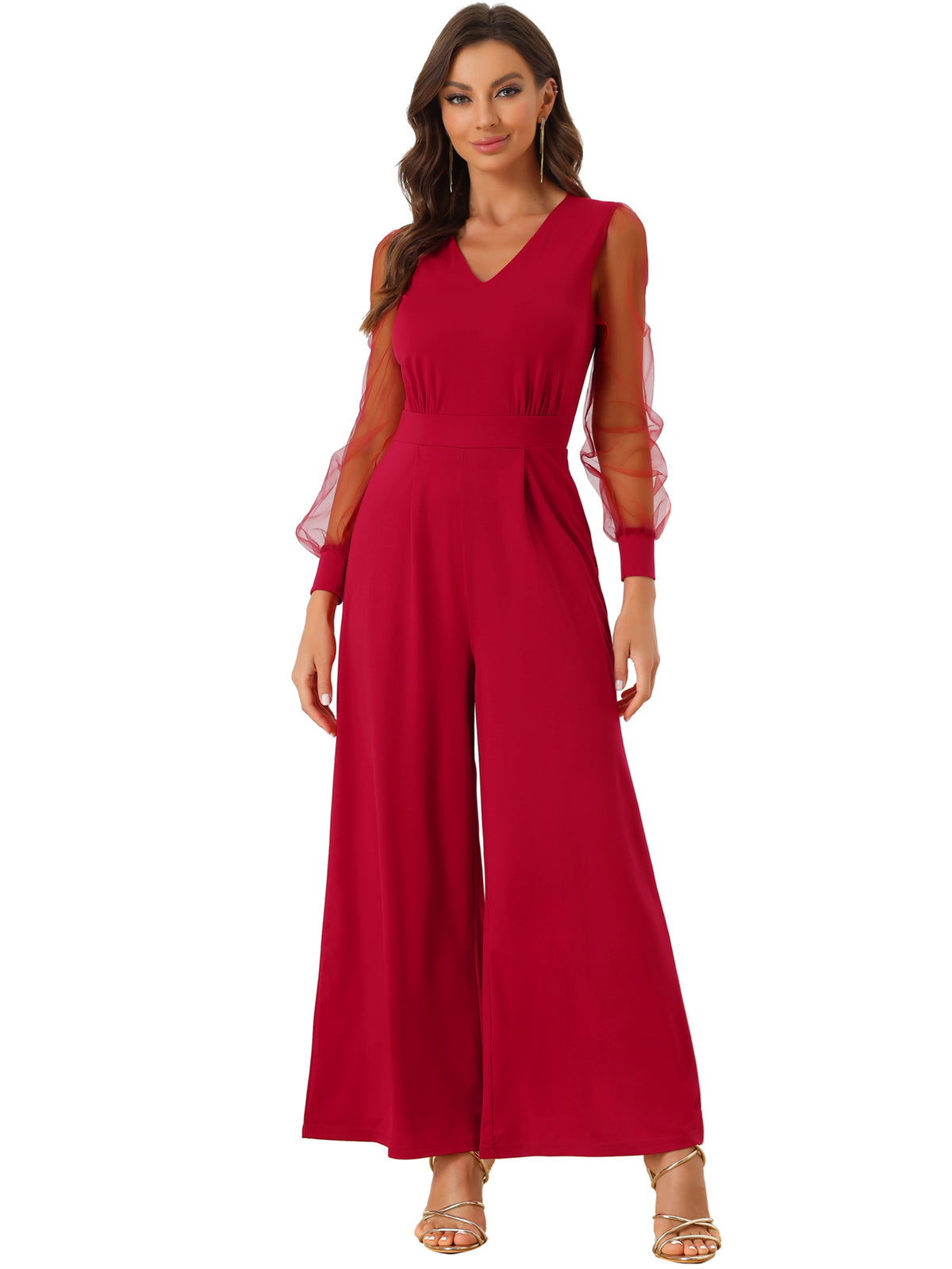 Women's Elegant V Neck Mesh Long Sleeve Loose Wide Leg Romper Cocktail Jumpsuits (Available in Plus Size)