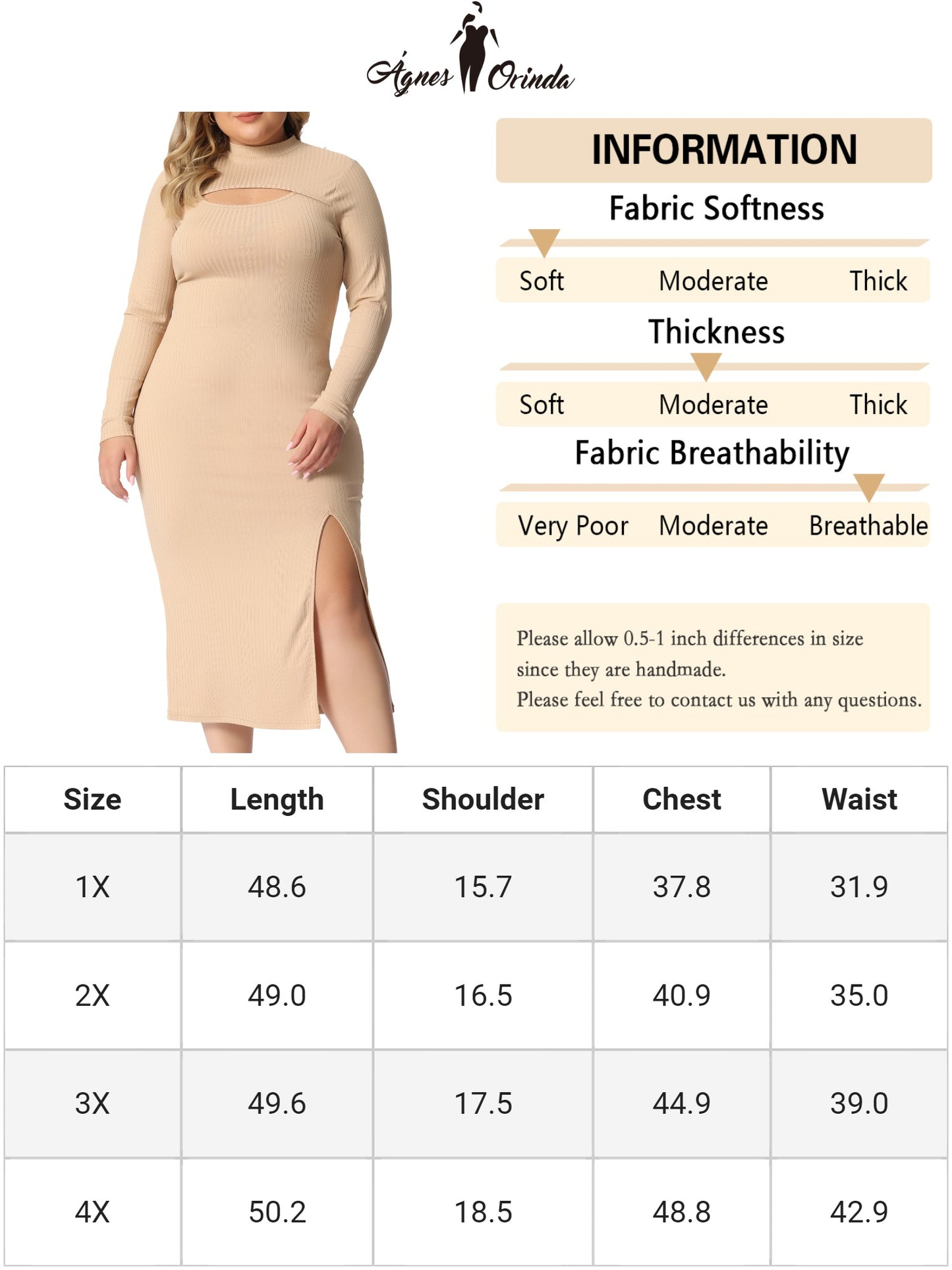 Women Plus Size Dresses Round Neck Cut Out Front Knee Slim Split Hem Bodycon Dress