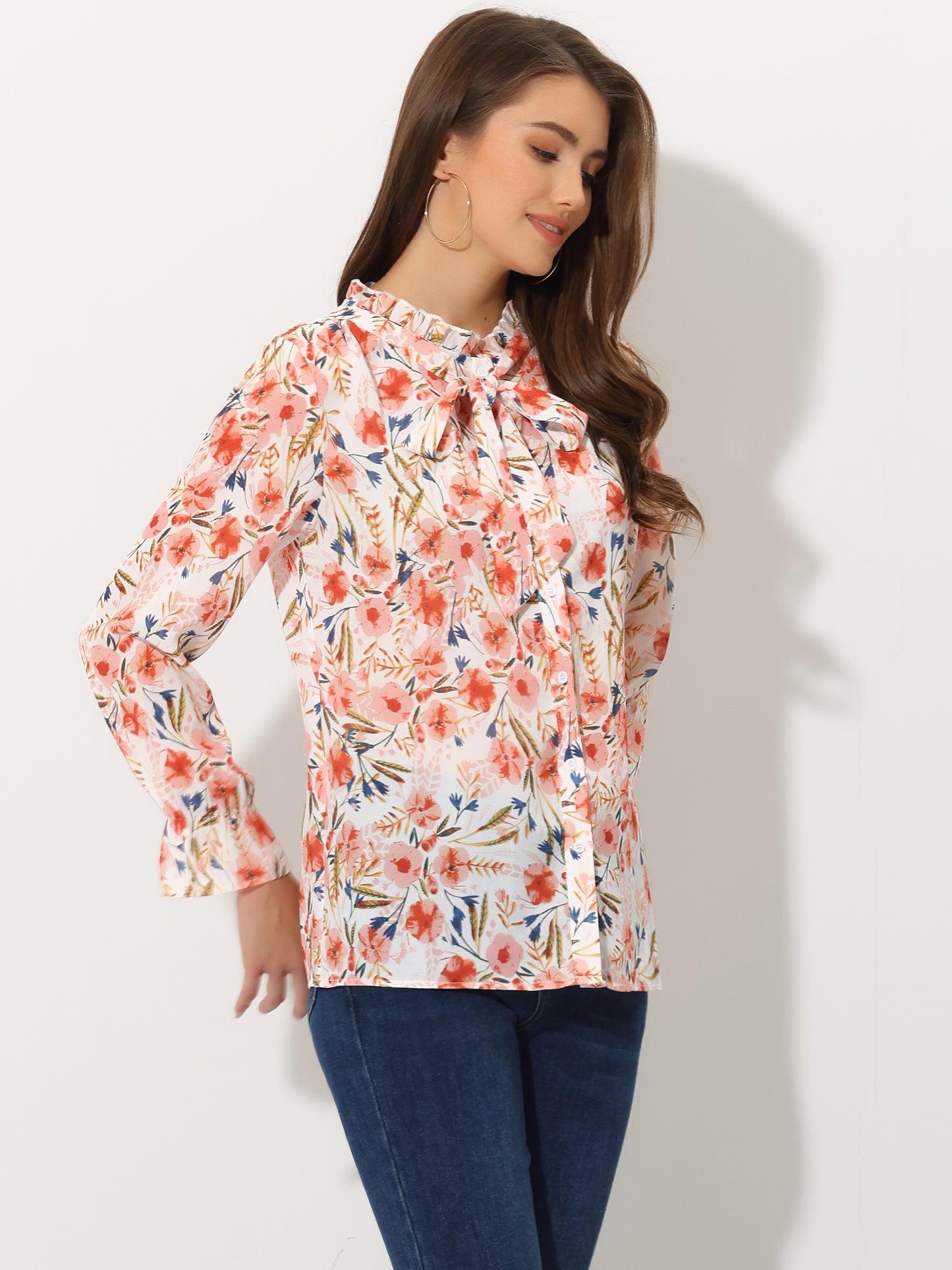 Women's Floral Bow Tie Neck Button Up Ruffled Collar Casual Blouse