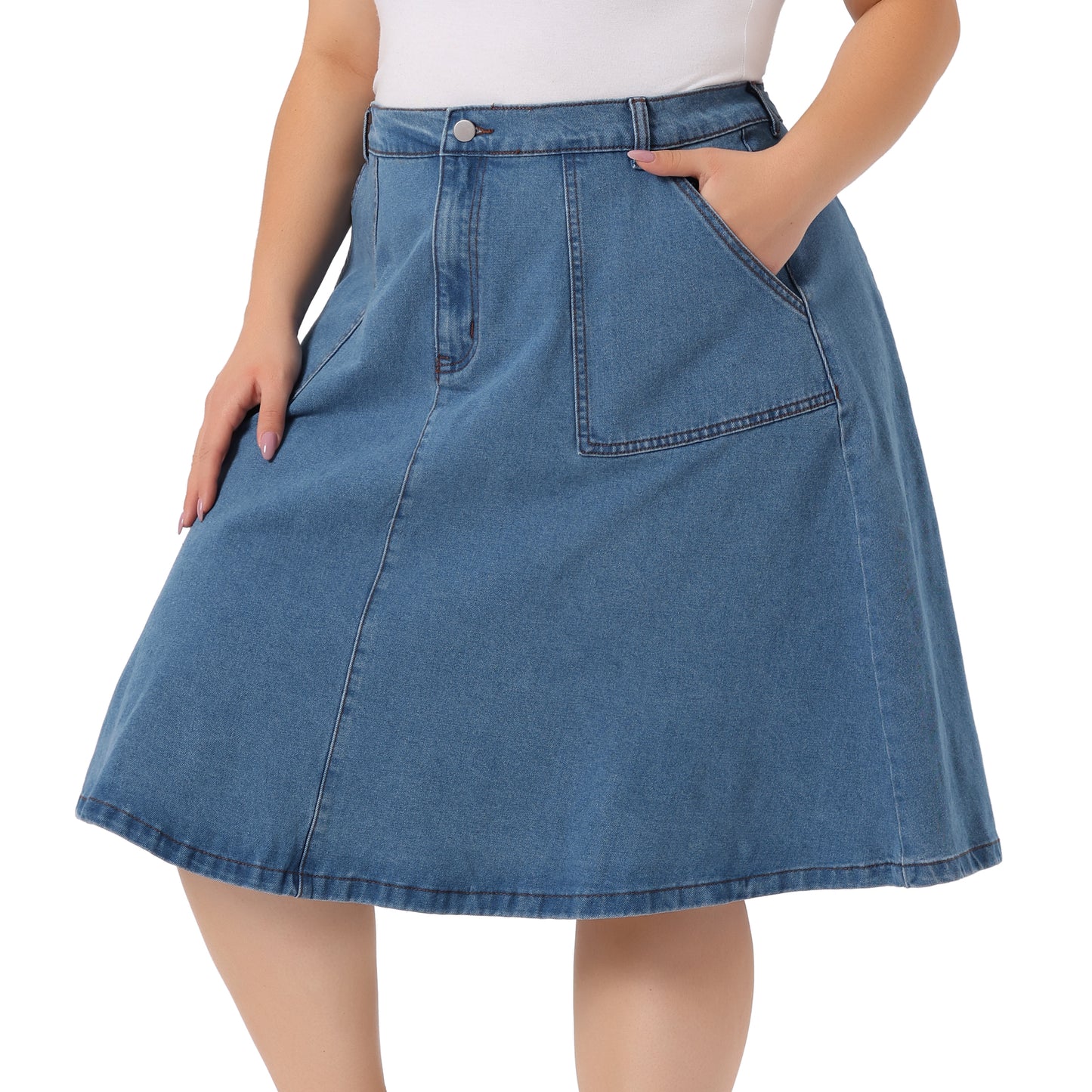 Women Plus Size Denim Skirt Casual A Line Pockets Midi Skirt