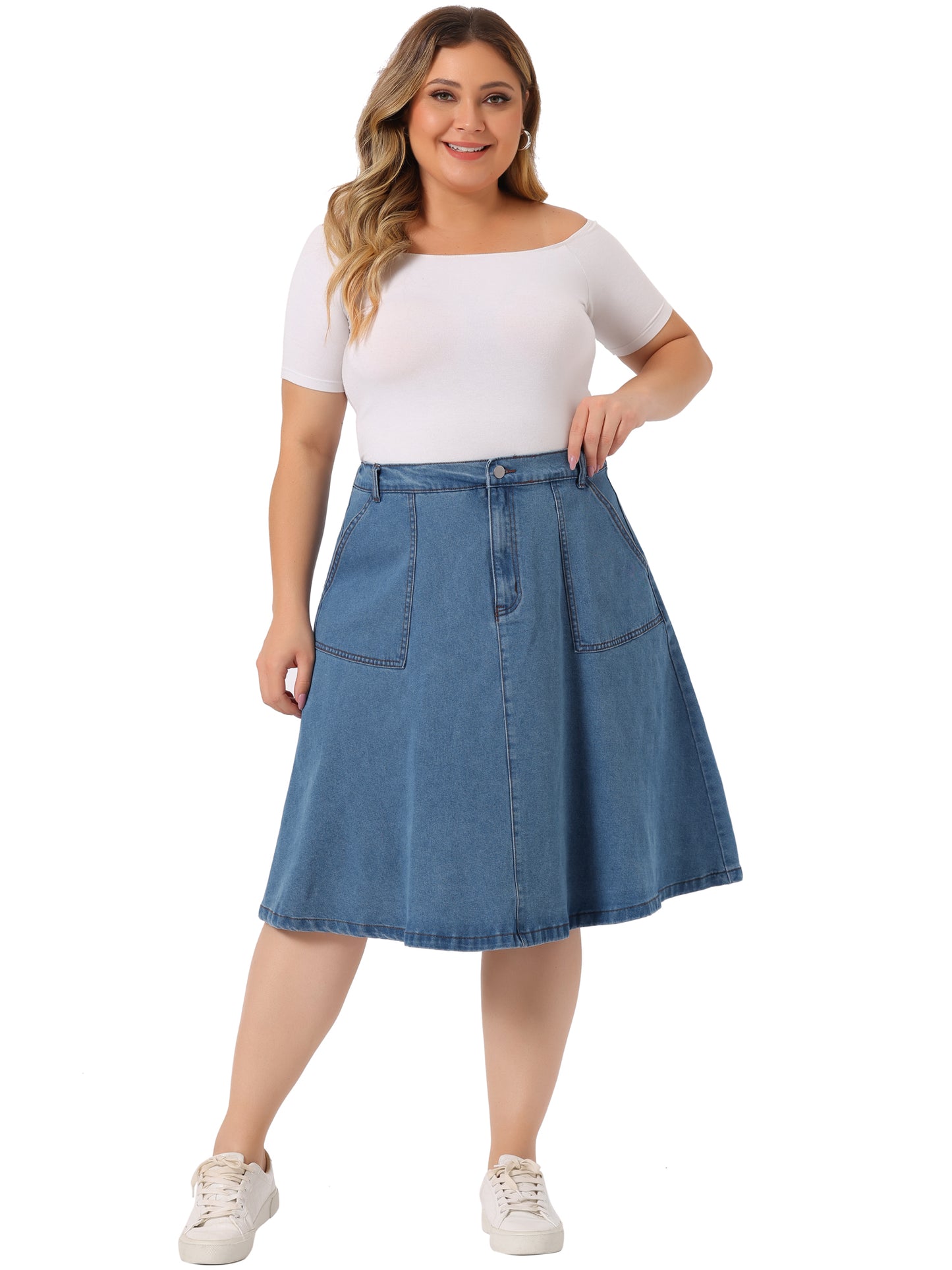 Women Plus Size Denim Skirt Casual A Line Pockets Midi Skirt
