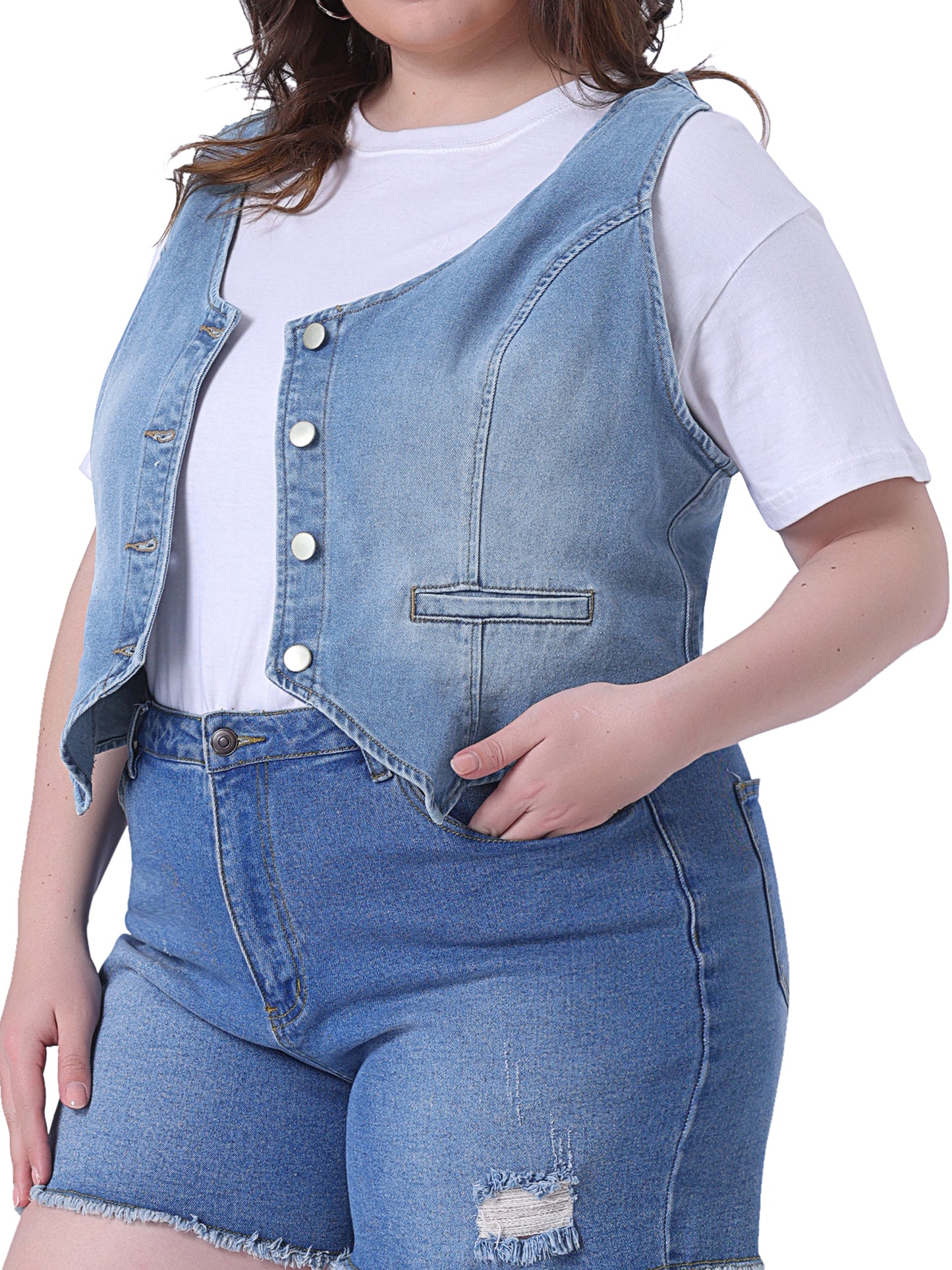 Women Plus Size Denim Vest Jean Top Button Down Waistcoat Casual Sleeveless Jacket