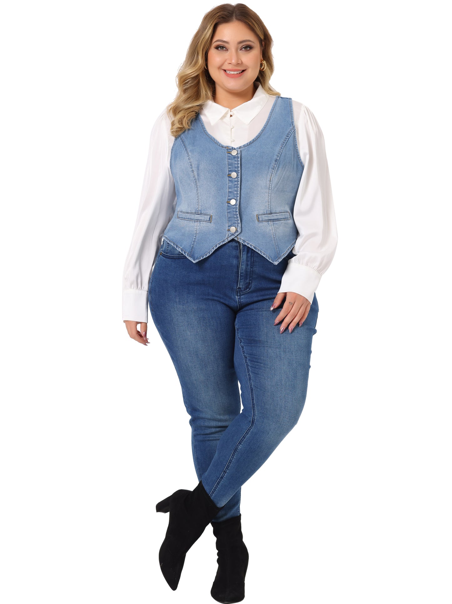 Women Plus Size Denim Vest Jean Top Button Down Waistcoat Casual Sleeveless Jacket