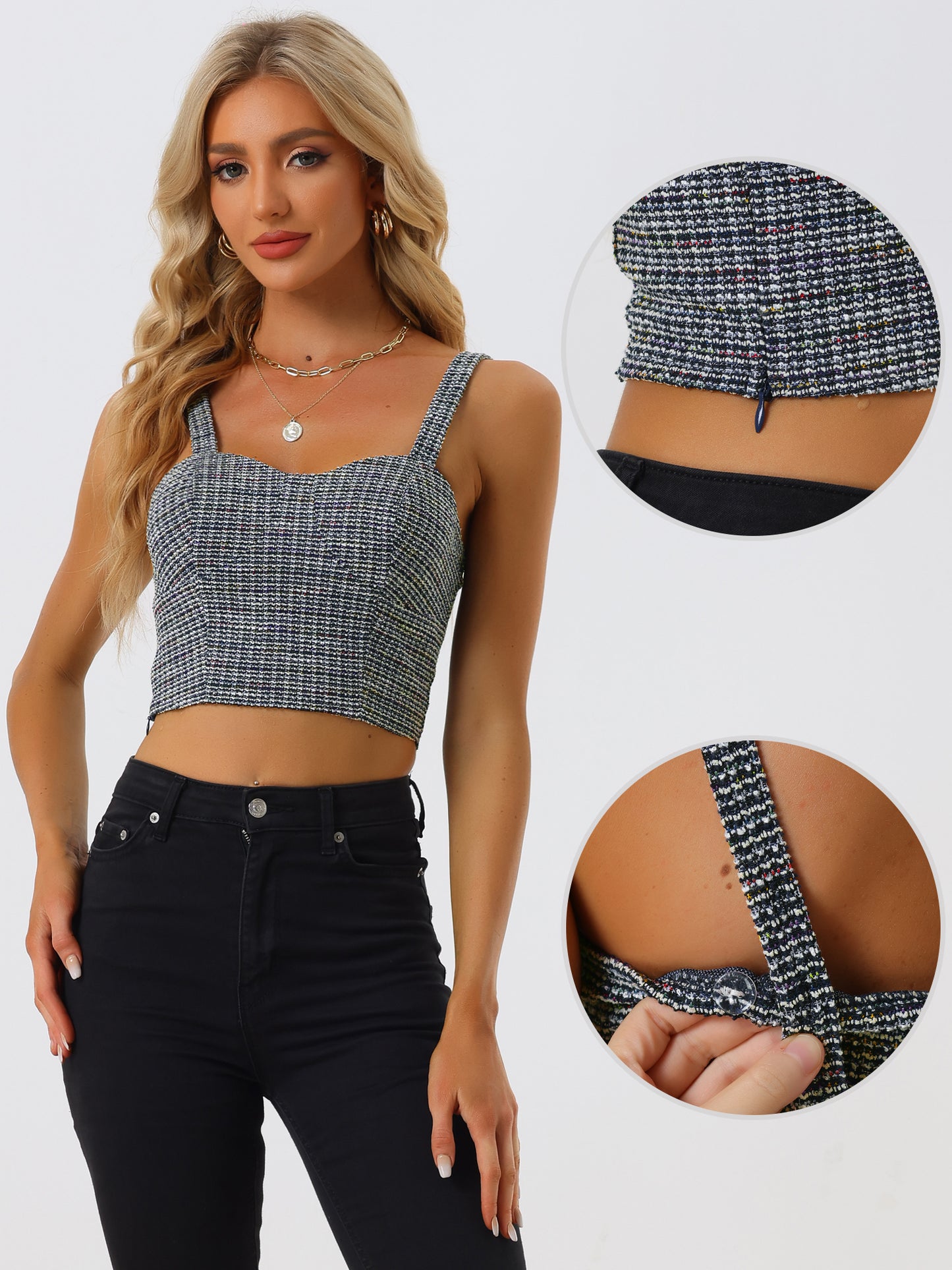 Women's Tweed Sweetheart Neck Bustier Corset Strap Crop Top