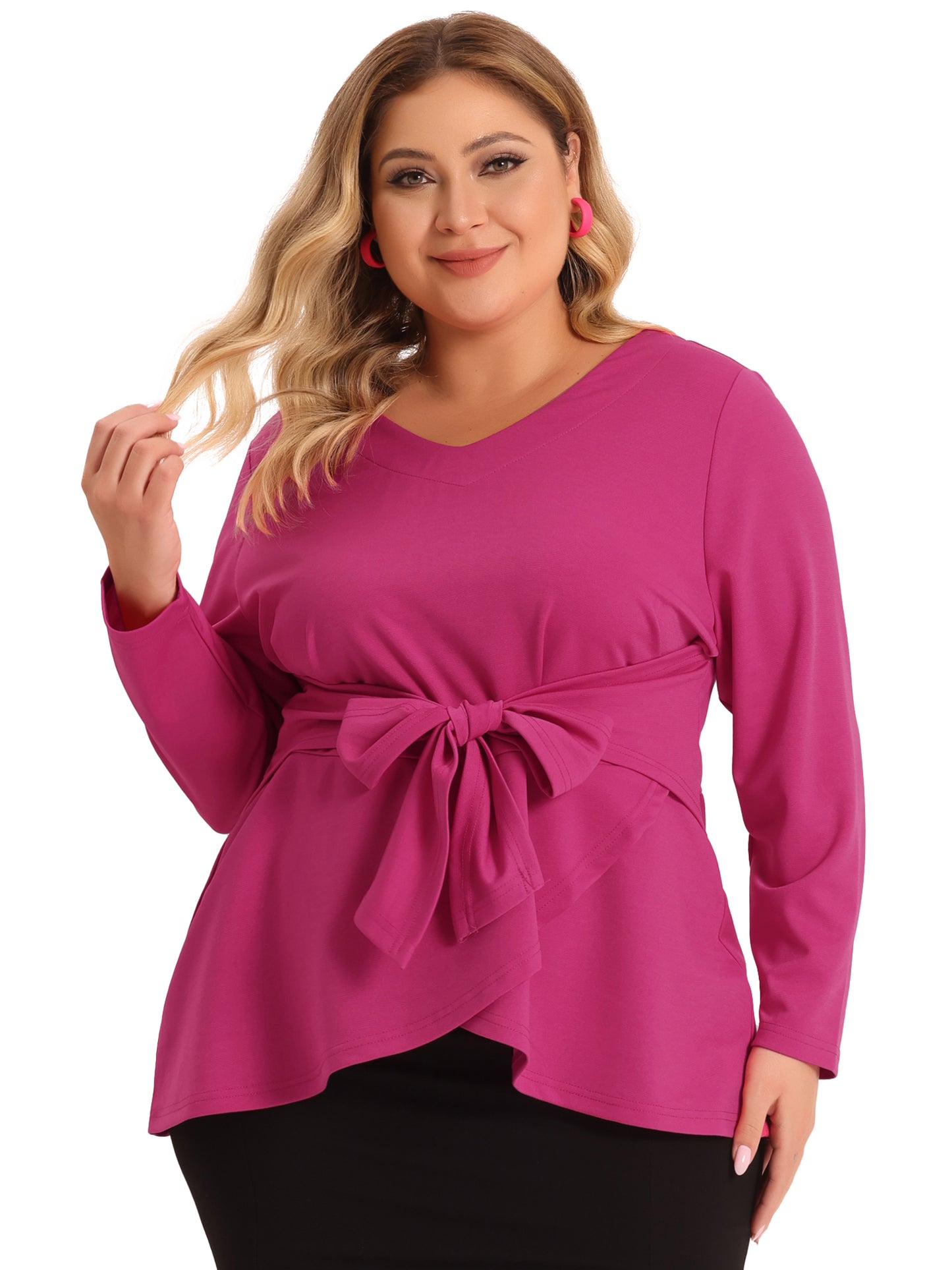 Women's Plus Size Long Sleeve V Neck Knit Belted Knot Tie Work Blouse