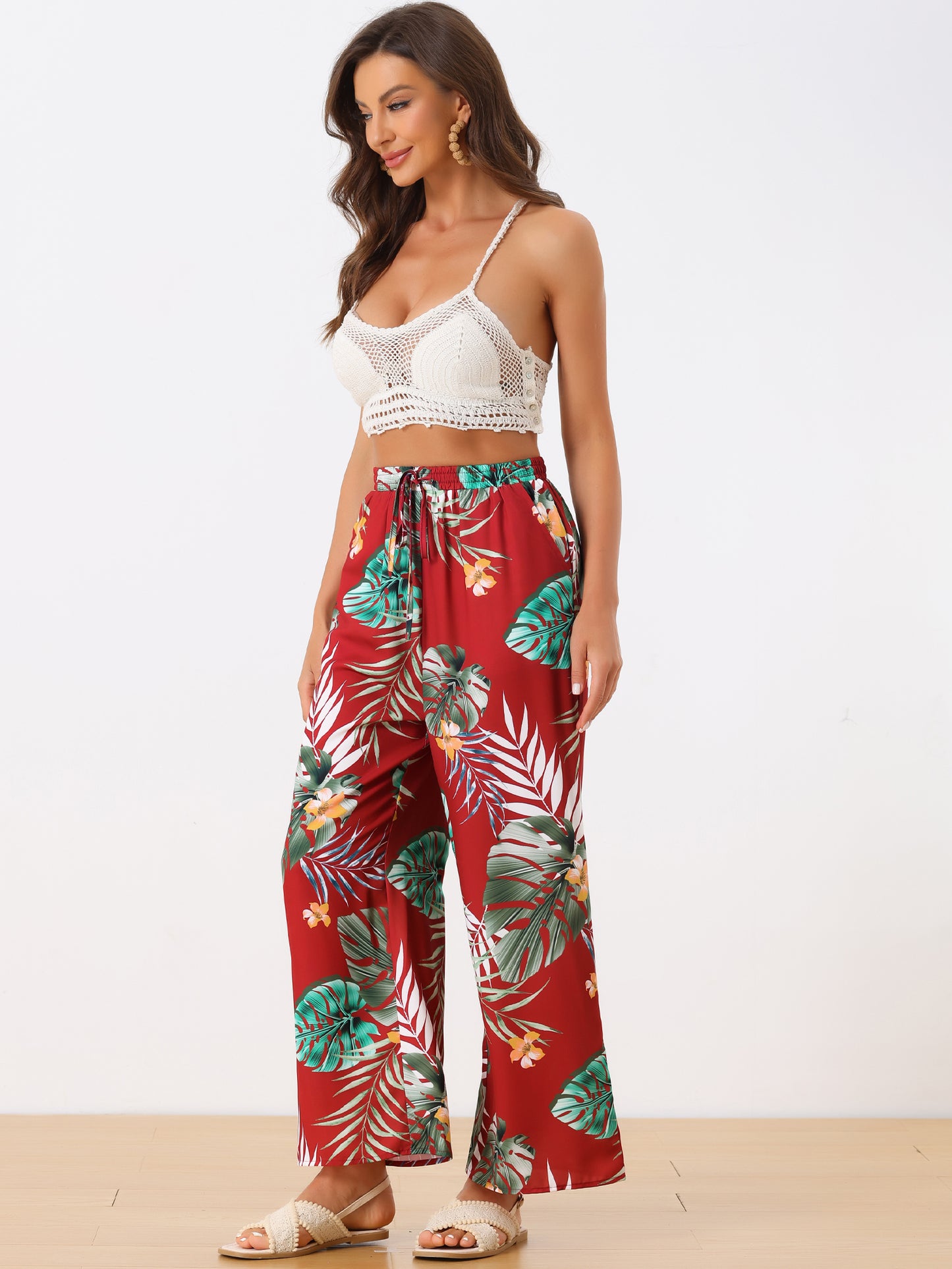 Women's Floral Palazzo Elastic Waist Casual Wide Leg Tropical Beach Pants