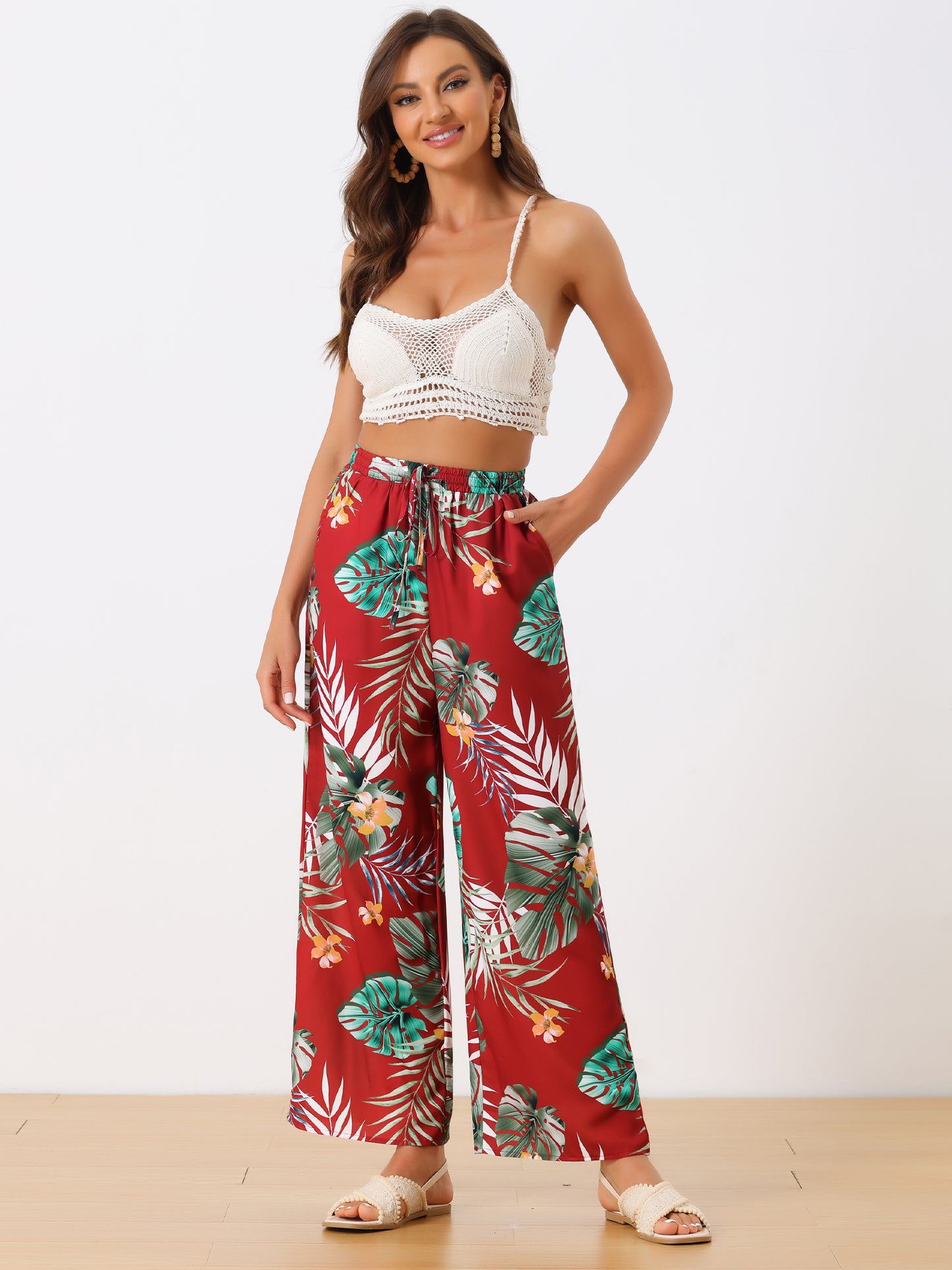 Women's Floral Palazzo Elastic Waist Casual Wide Leg Tropical Beach Pants