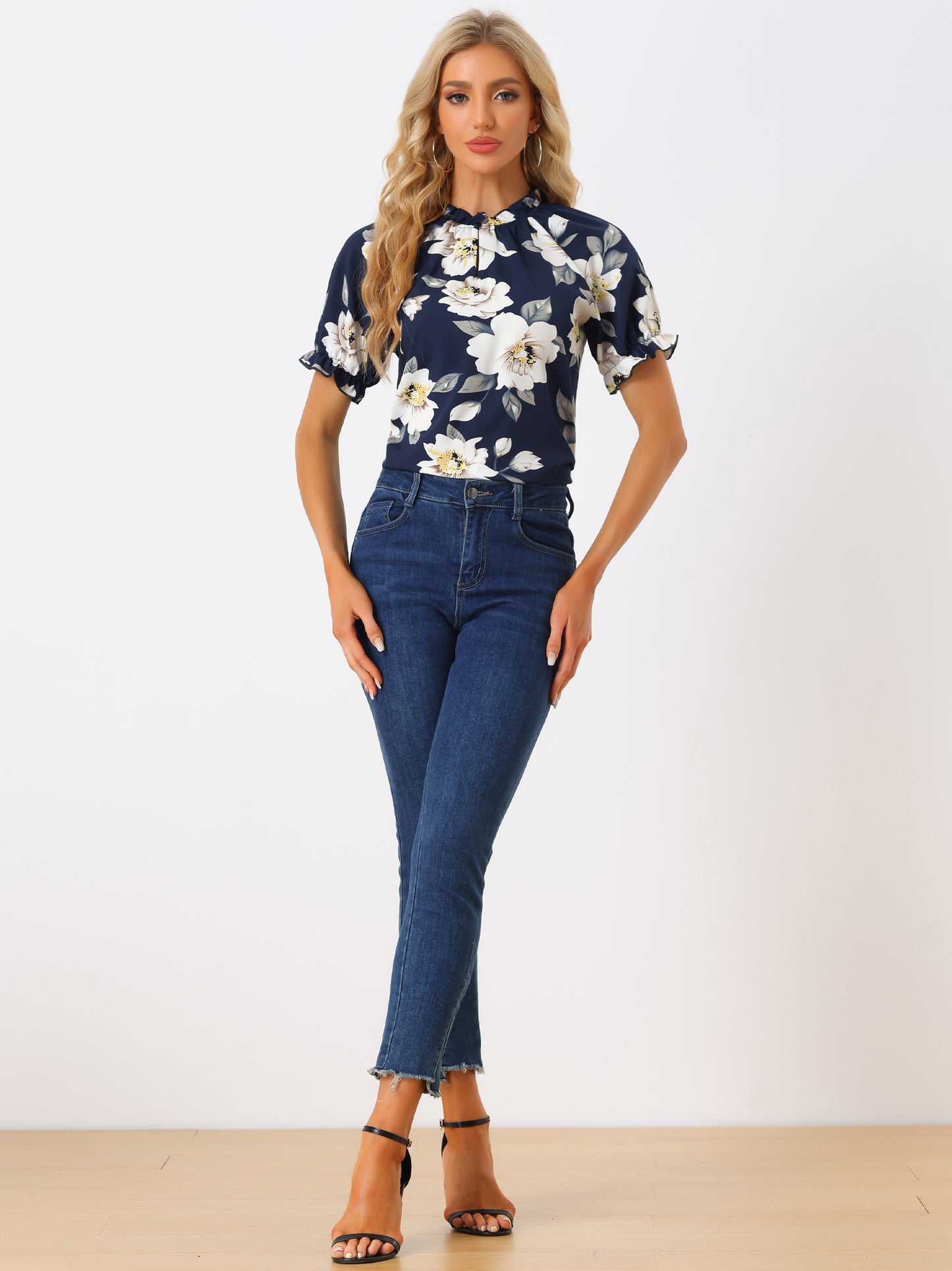 Blusa informal de verano de manga corta con cuello alto y estampado floral con volantes para mujer