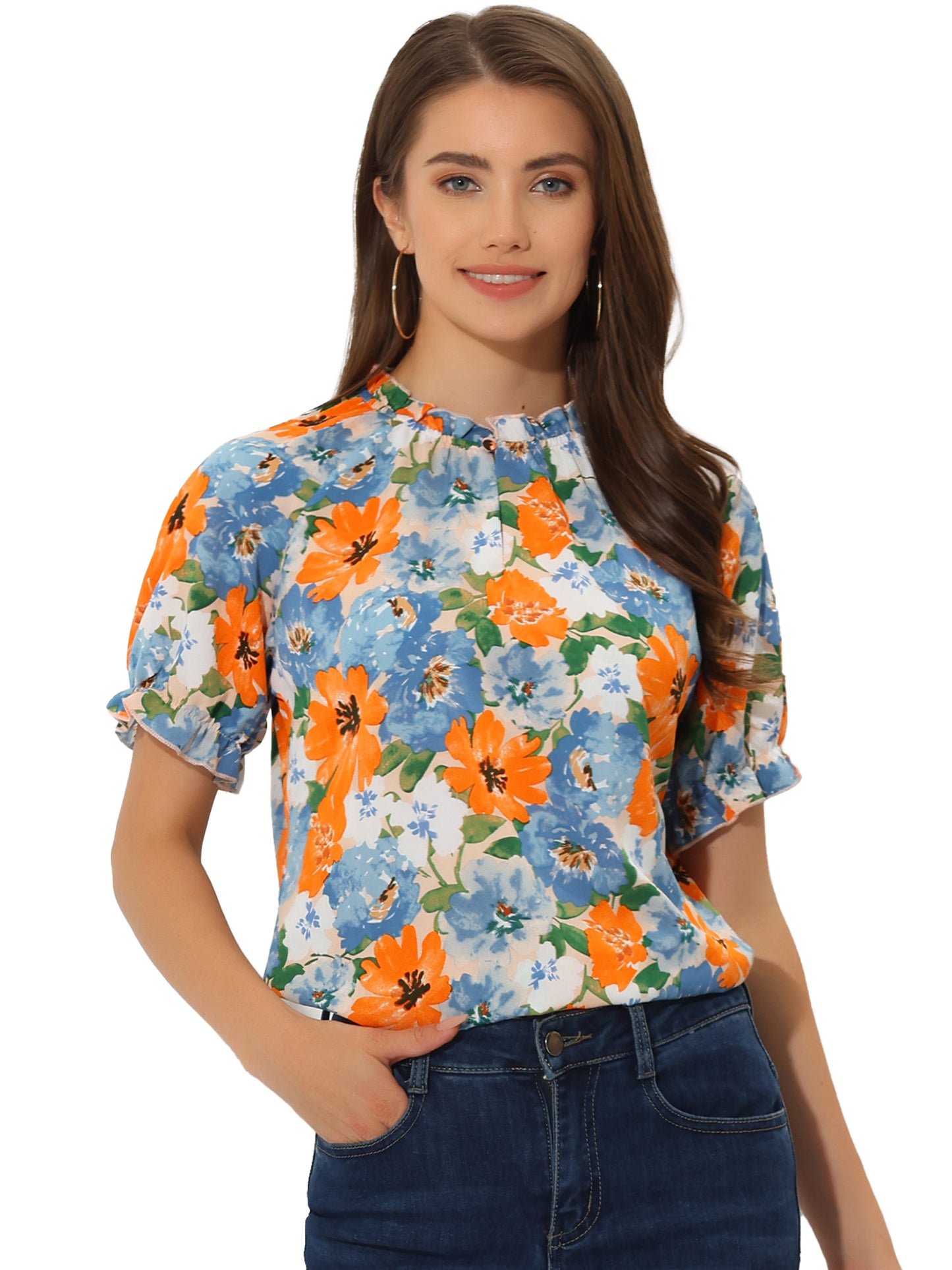 Blusa informal de verano de manga corta con cuello alto y estampado floral con volantes para mujer