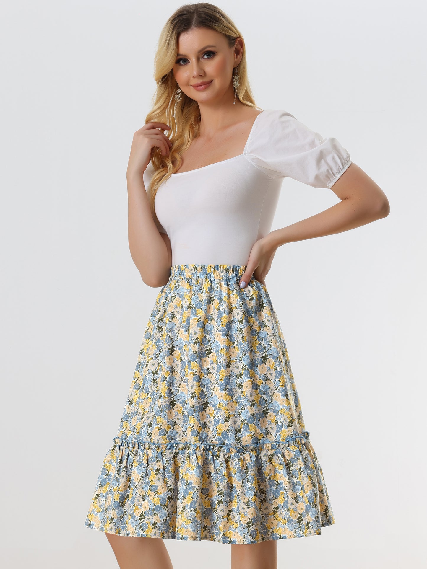 Falda de mujer hasta la rodilla con estampado floral, cintura elástica, fluida, con volantes en forma de A y capas