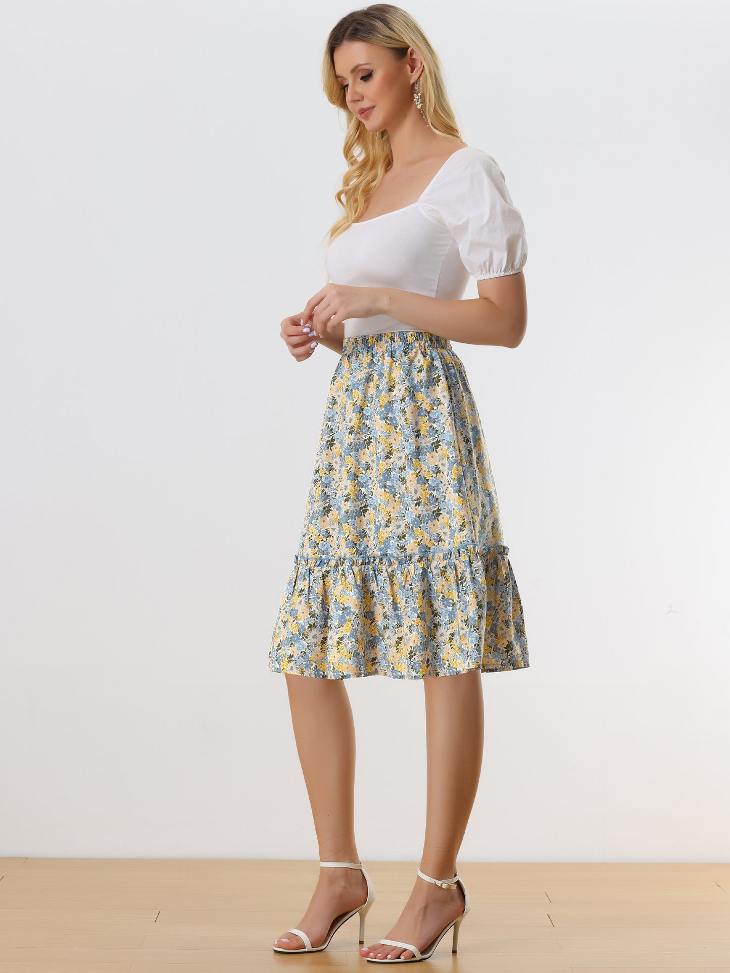 Falda de mujer hasta la rodilla con estampado floral, cintura elástica, fluida, con volantes en forma de A y capas