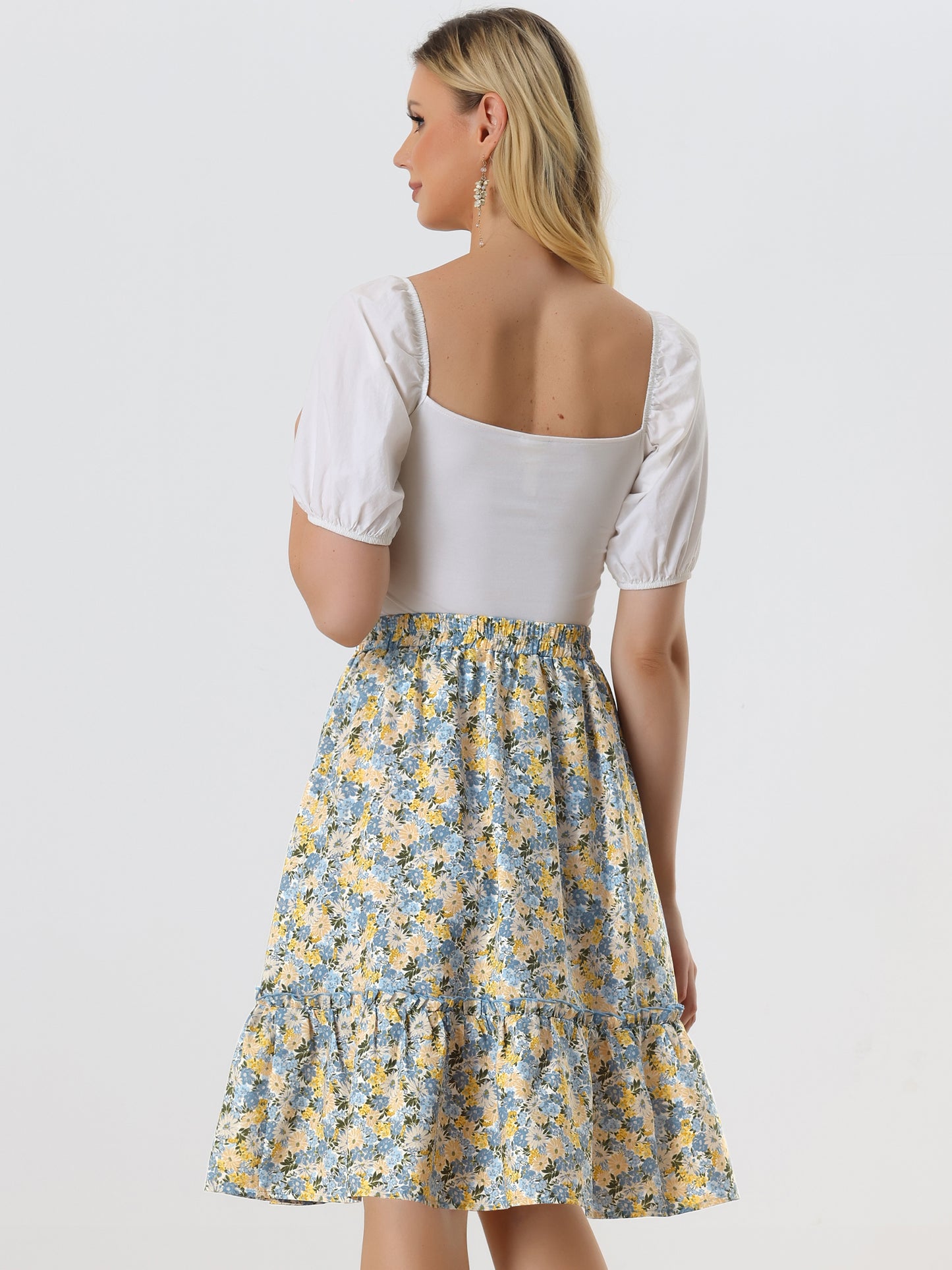 Falda de mujer hasta la rodilla con estampado floral, cintura elástica, fluida, con volantes en forma de A y capas