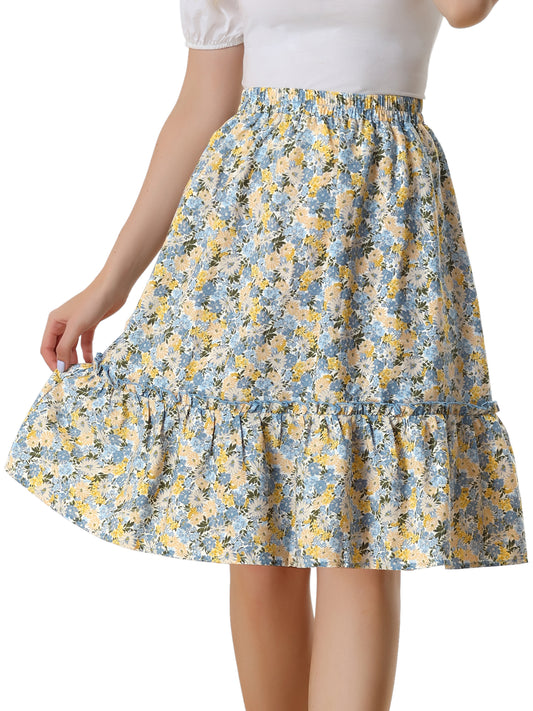 Women's Knee Length Skirt Floral Elastic Waist Flowy Tiered A-Line Ruffle Skirt