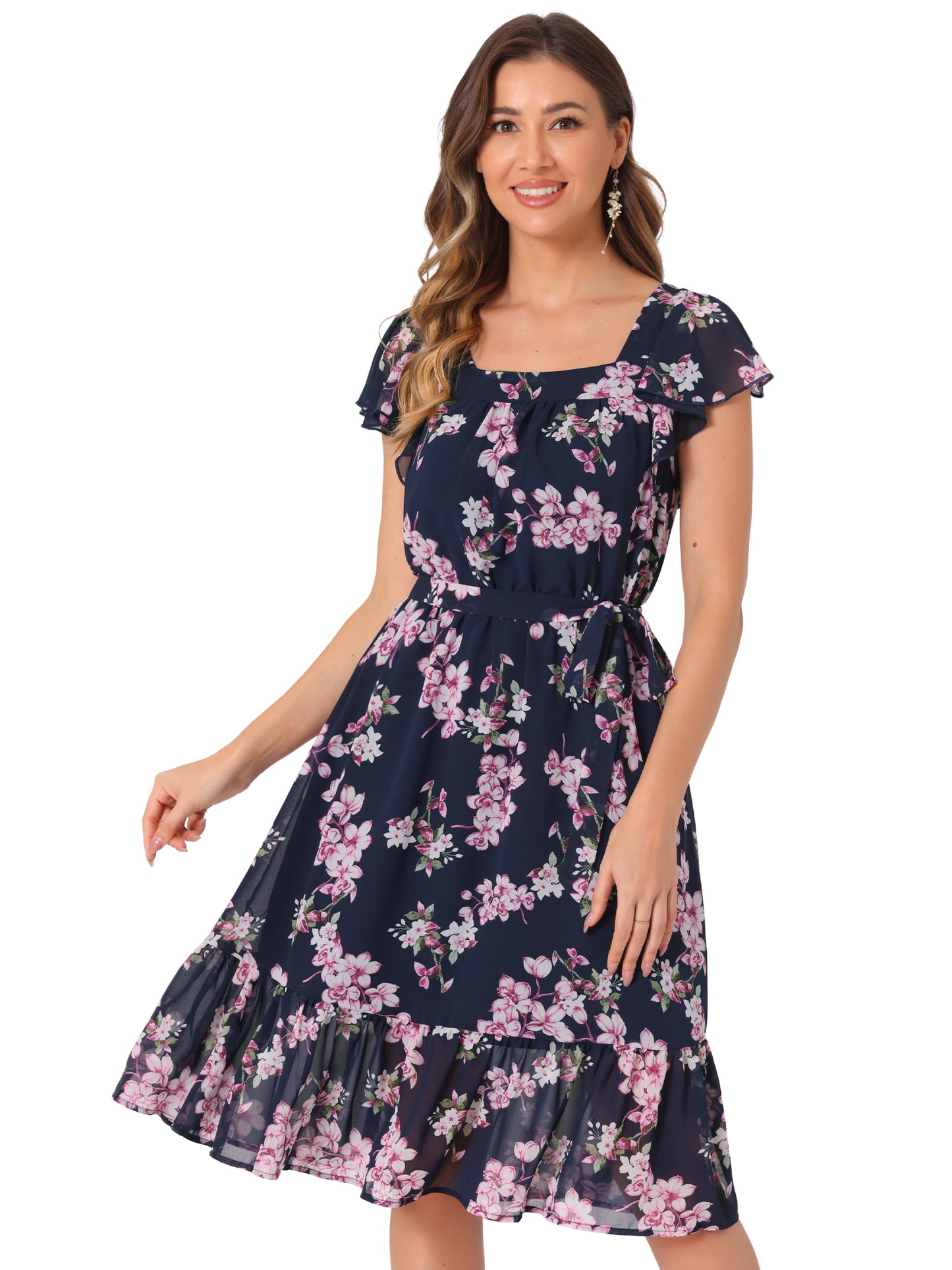 Women's Midi Floral Chiffon Dress Flutter Sleeve Belted Square Neck Ruffled Dress (Available in Plus Size)